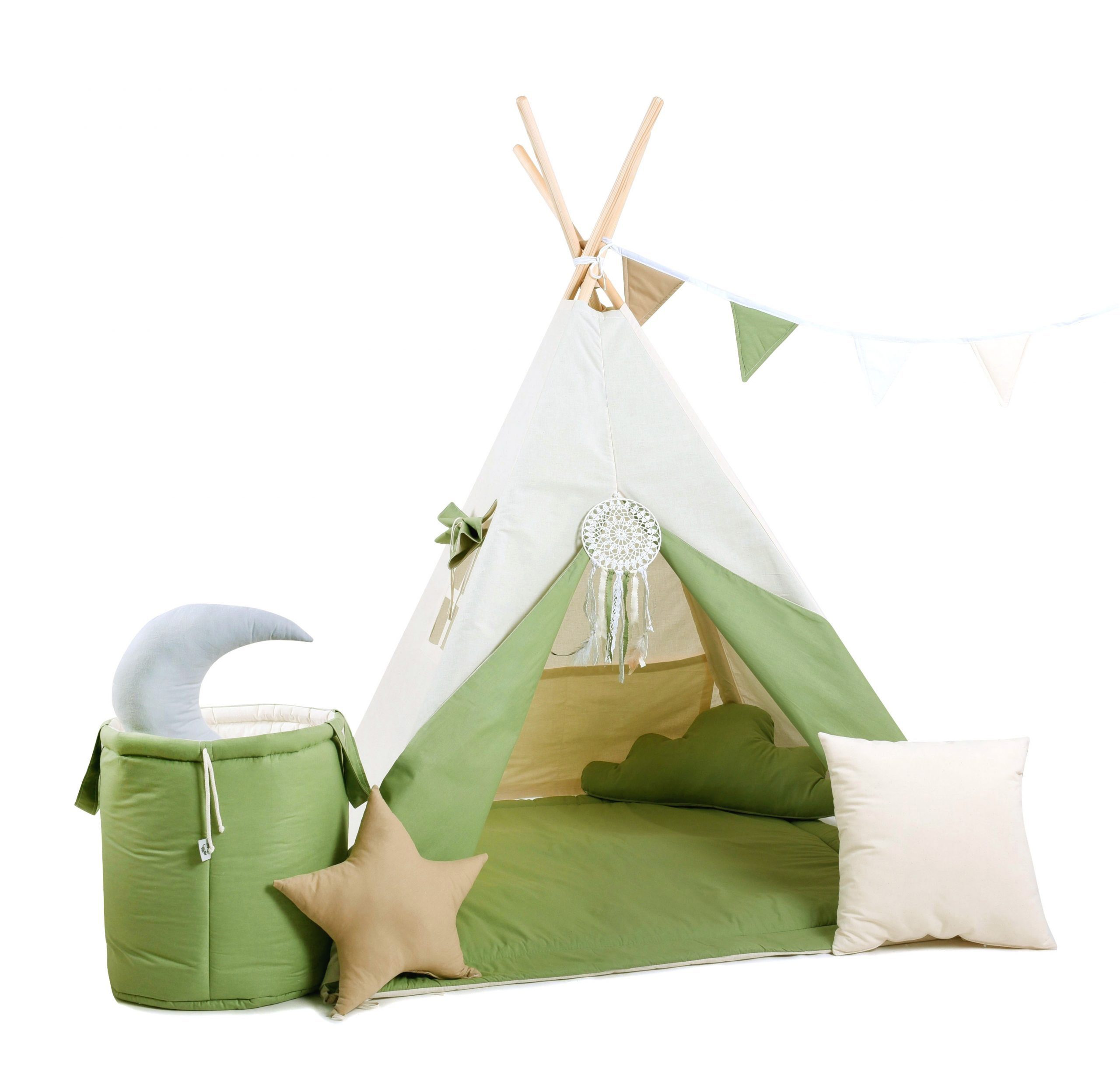 Rainbow Kids Tipi-Zelt Grüner Wolf, Personen: 2 (mit Zubehör, 8 tlg., mit 4 Kissen, Matte, Spielzeugkorb und Wimpelkette)