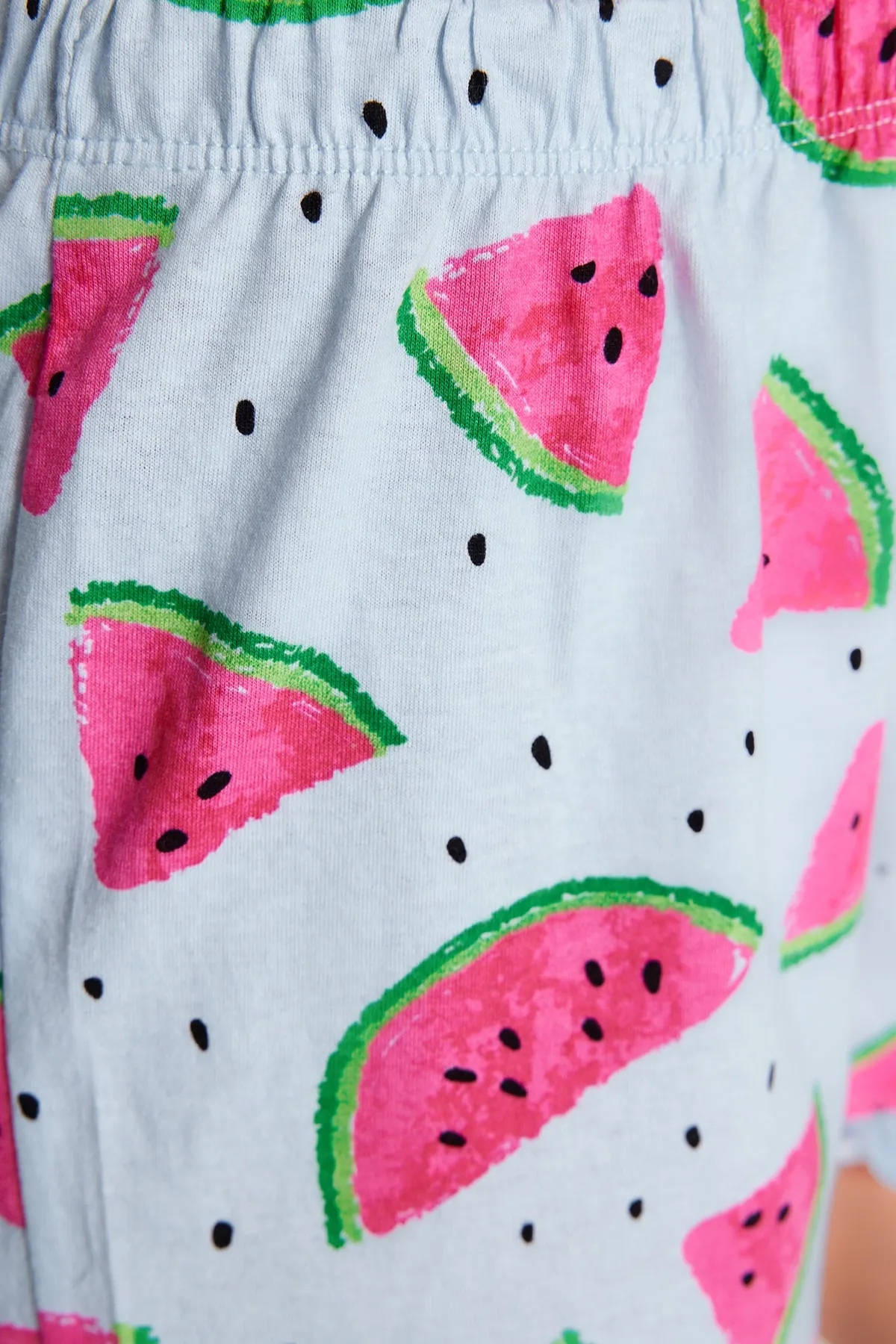Trendyol Collection  Hellblaues Pyjama-Set aus 100 % Baumwolle mit Wassermelonenmuster und Rüschen, Hemd und Shorts, Strick, THMSS21PT0670