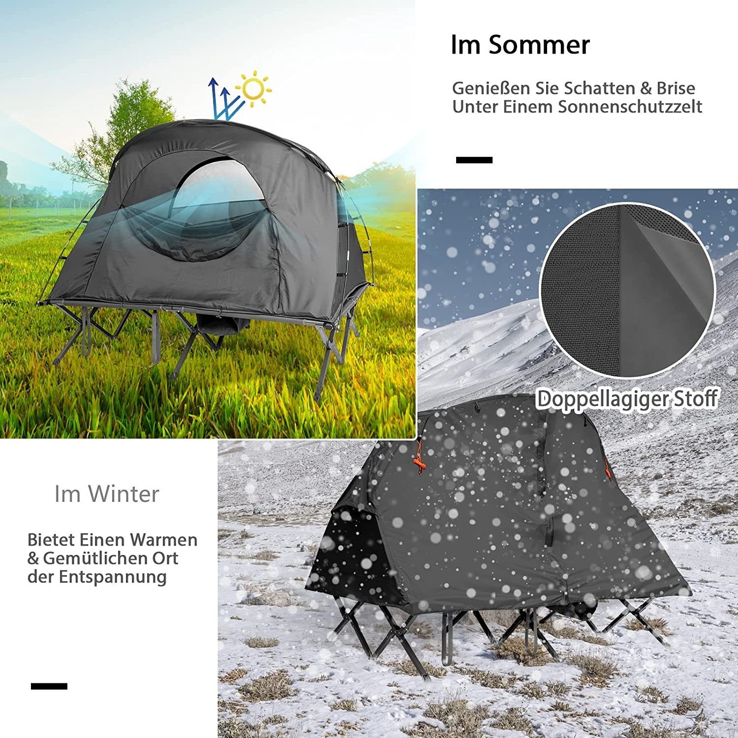 KOMFOTTEU Kuppelzelt 4 in 1 Campingzelt mit Feldbett, Personen: 2, 194×146×160 cm