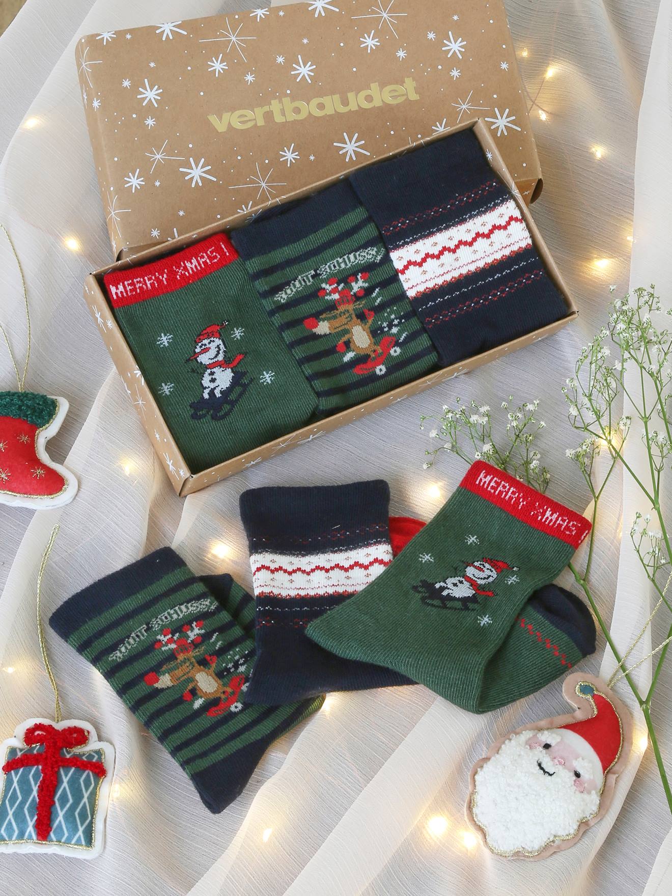 Vertbaudet Jungen Weihnachts-Geschenkset: 3er-Pack Socken Oeko-Tex - tannengrün