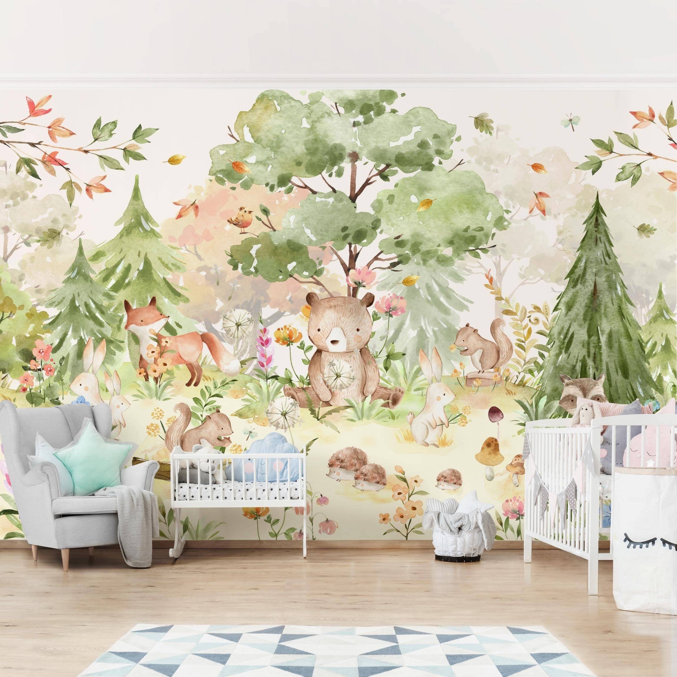 Bilderdepot24 Kindertapete Kinderzimmer Aquarell Waldtiere Bär Fuchs Baum Kinder Wanddeko, Glatt, Matt, (Inklusive Gratis-Kleister oder selbstklebend), Mädchenzimmer Jungenzimmer Babyzimmer Bildtapete Fototapete Wandtapete