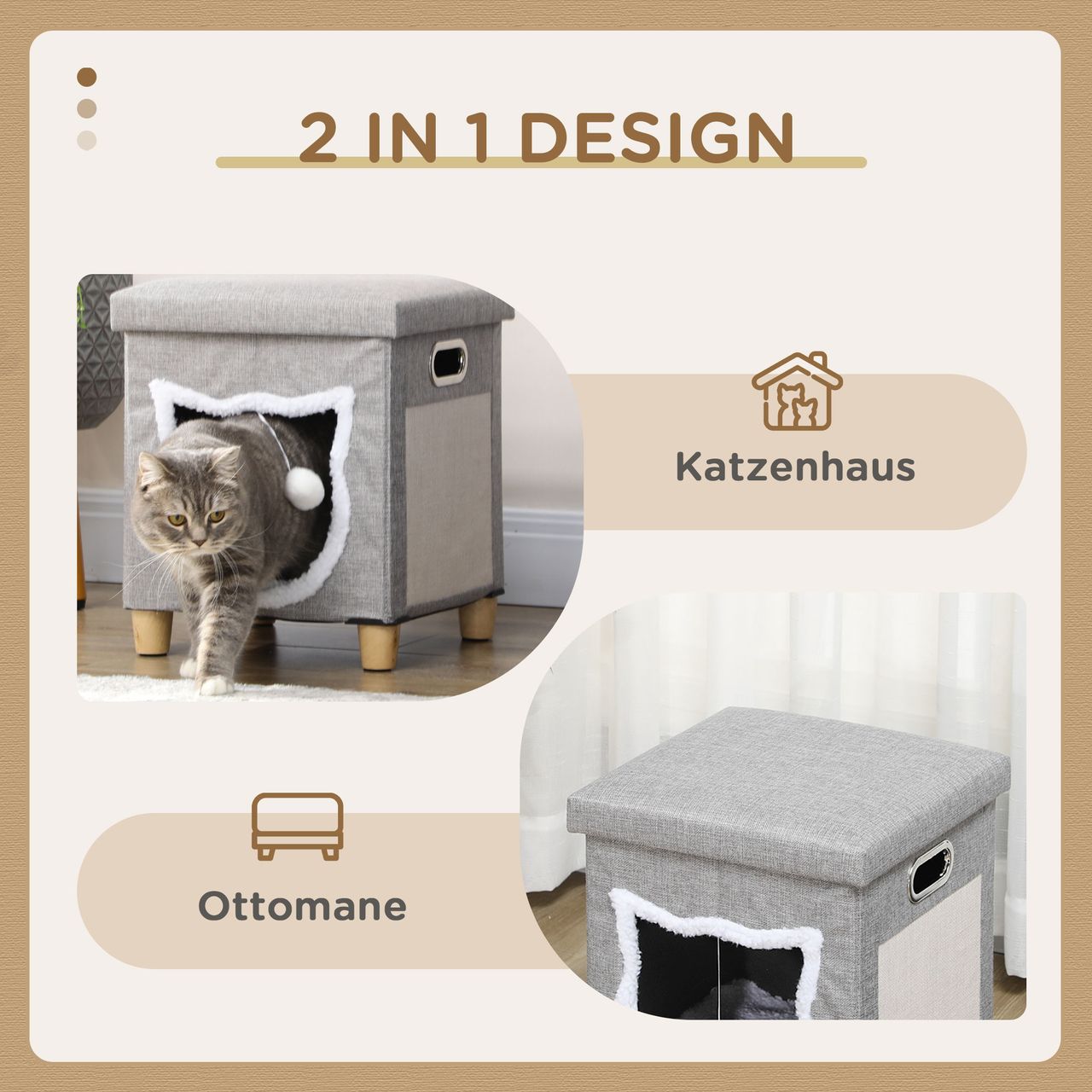 PawHut Katzenhöhle, Katzenhaus mit Kissen Ottomane mit Spielball Polyester, Grau