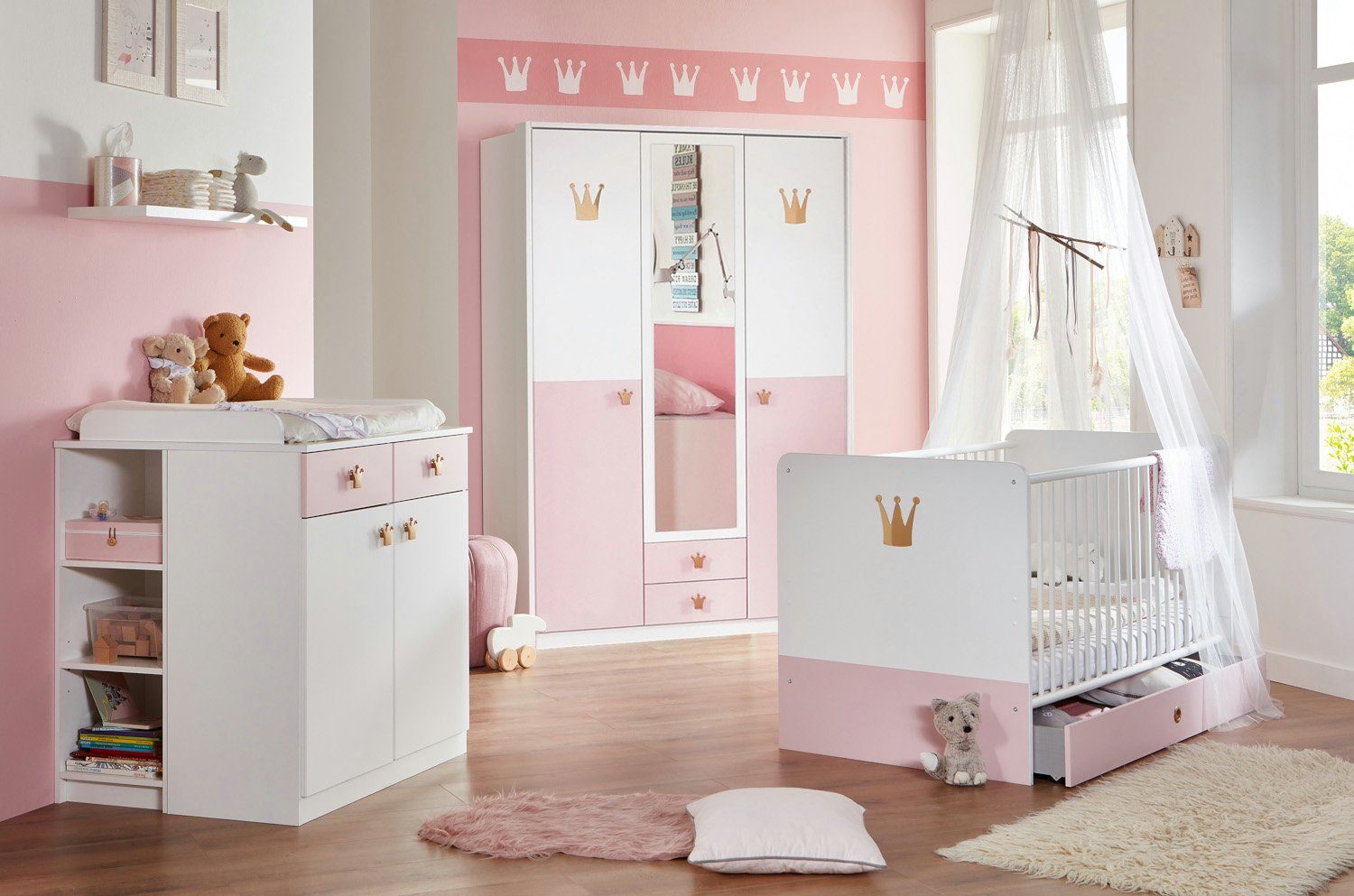 möbel-direkt.de Babyzimmer-Komplettset Cindy, (Komplett Set, 7-St., in verschiedenen Ausführungen), Made in Germany, Soft Close, Prinzessinnenzimmer