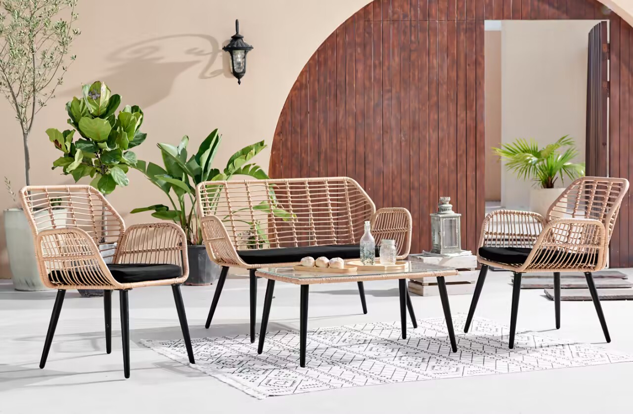 Happy Home Happy Home Loungeset 4tlg. HGS46-SCH helles Rattan mit Sitzkissen in schwarz