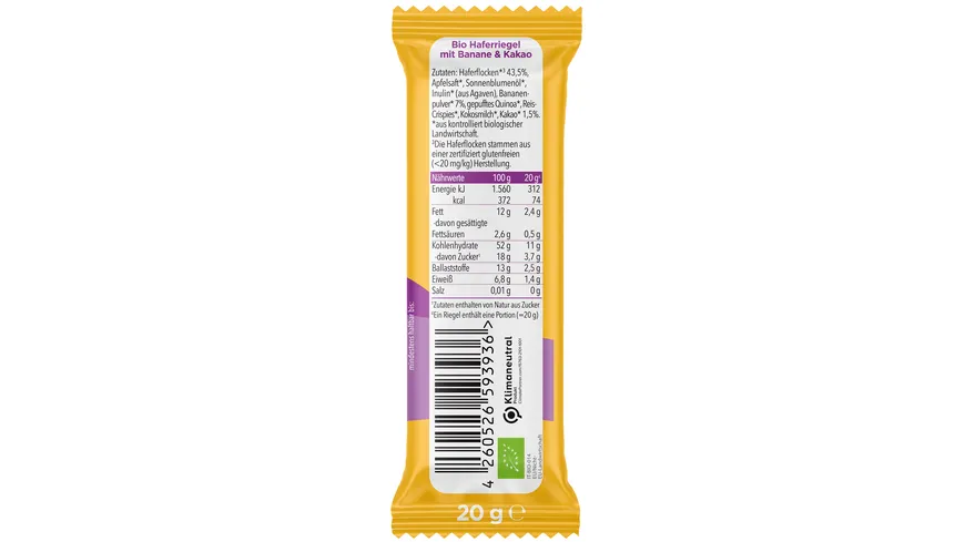 pumpkin organics Bio Haferriegel mit Banane & Kakao 20 g