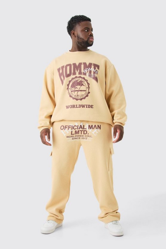 Plus Oversize Sweatshirt-Trainingsanzug mit Homme Worldwide Print