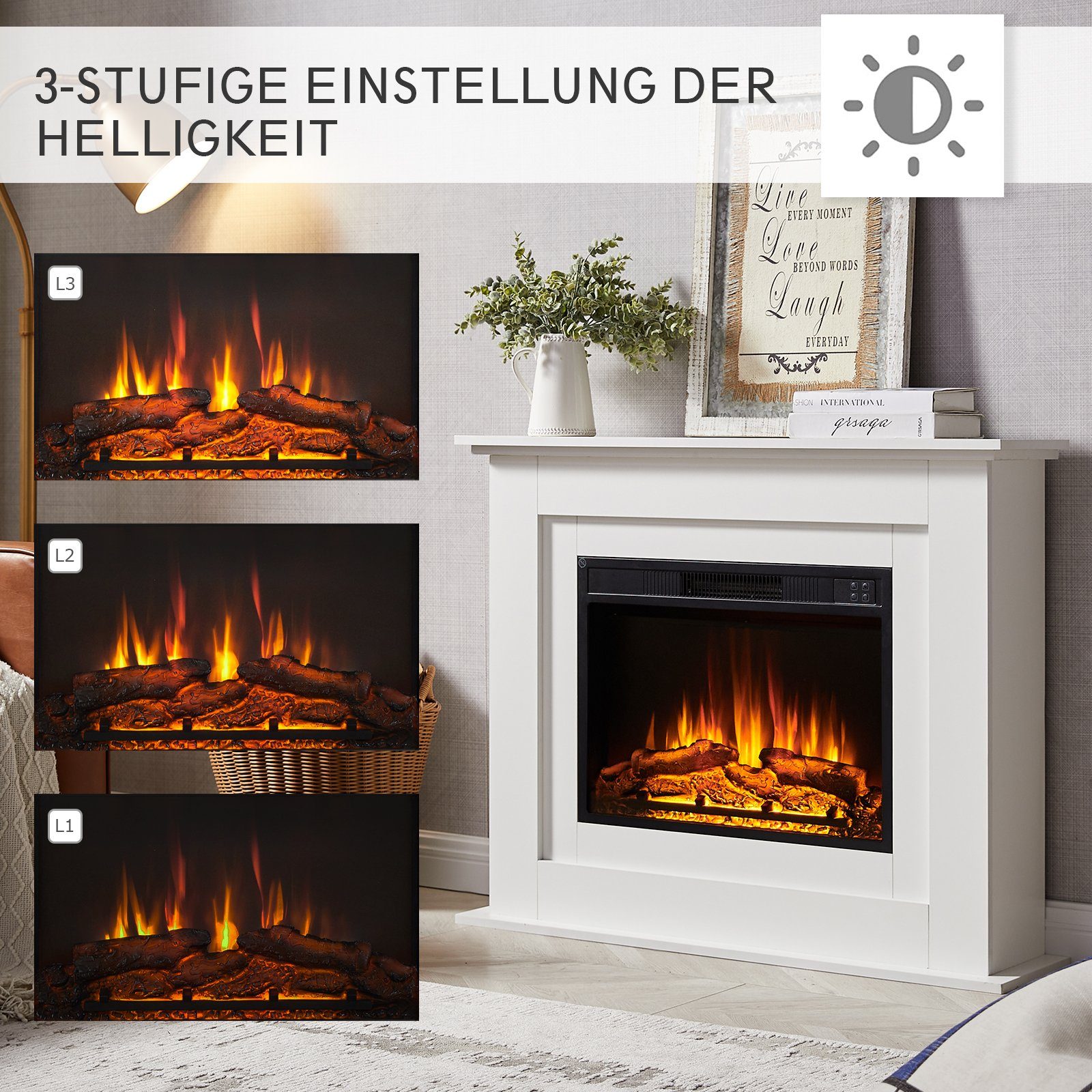 Balderia Elektrokamin Finn, Standkamin mit Heizung 2000W, 3D-Flammeneffekt, Fernbedienung, Timer, Thermostat