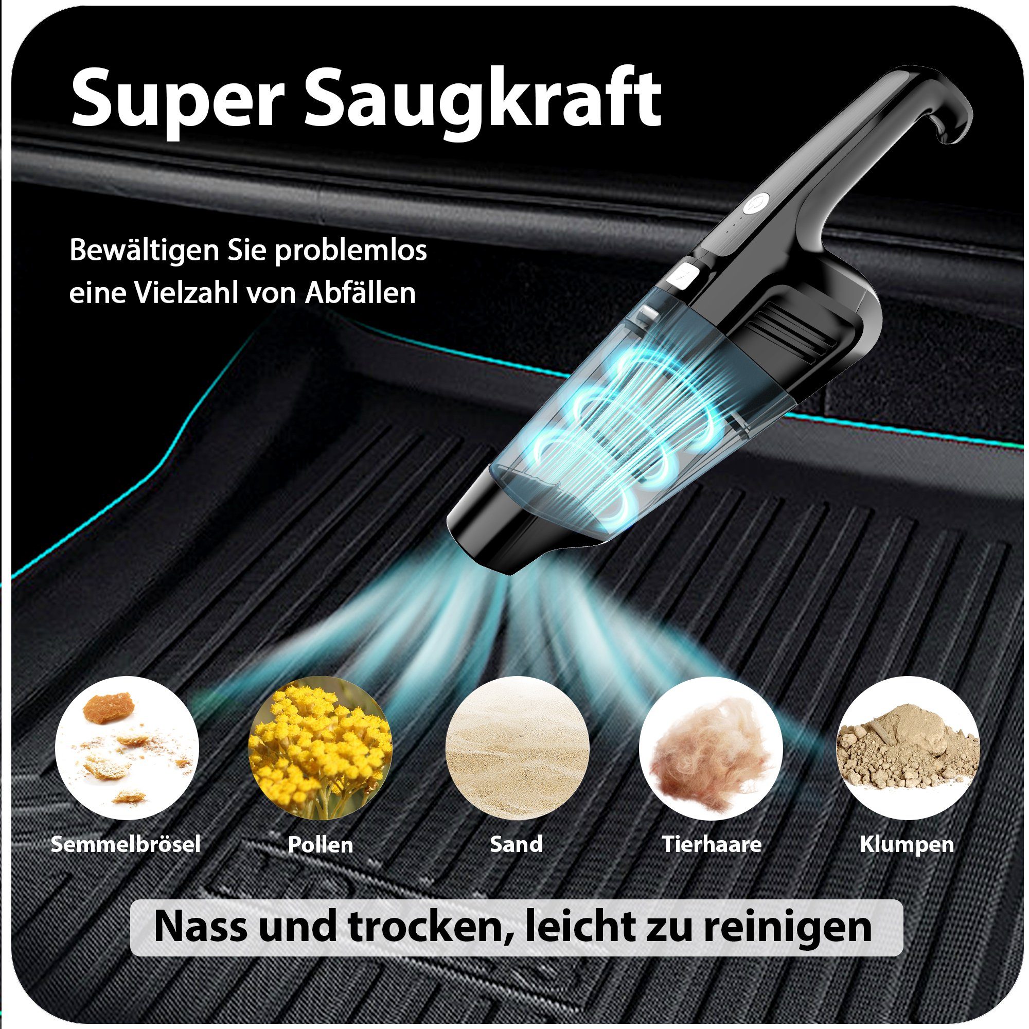 Tisoutec Akku-Handstaubsauger Akku Handstaubsauger,12000Pa USB aufladbar Tragbar Leicht Mini, Staubsauger,6000mAh Auto-Staubsauger,Nass & Trocken Handsauger