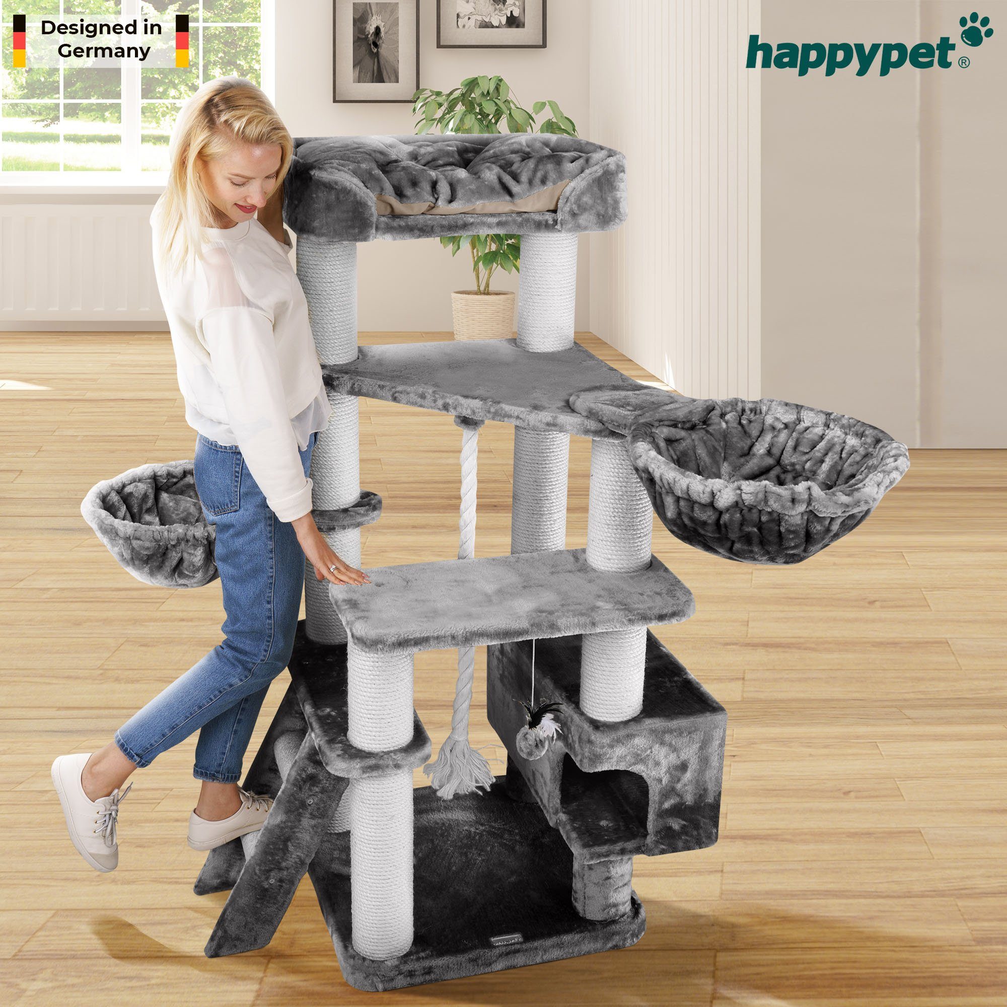 Happypet Kratzbaum MC1500, 156 cm hoch, 12 cm Dicke Sisalstämme, geprüftes Holz