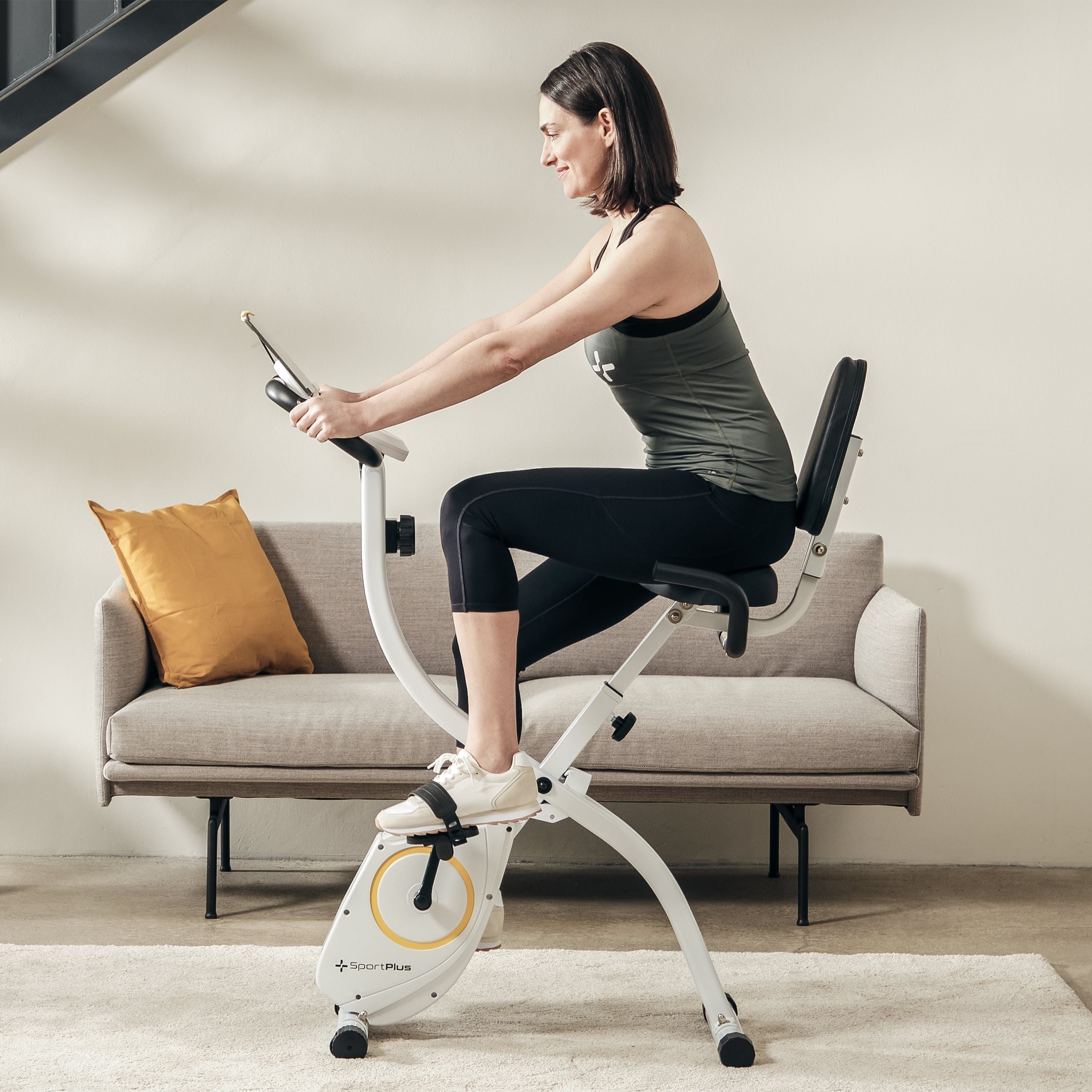 SportPlus Heimtrainer SP-HT-1300-W-iE, Heimtrainer, X-Bike, klappbar für Zuhause, Rückenlehne, 8 Stufen