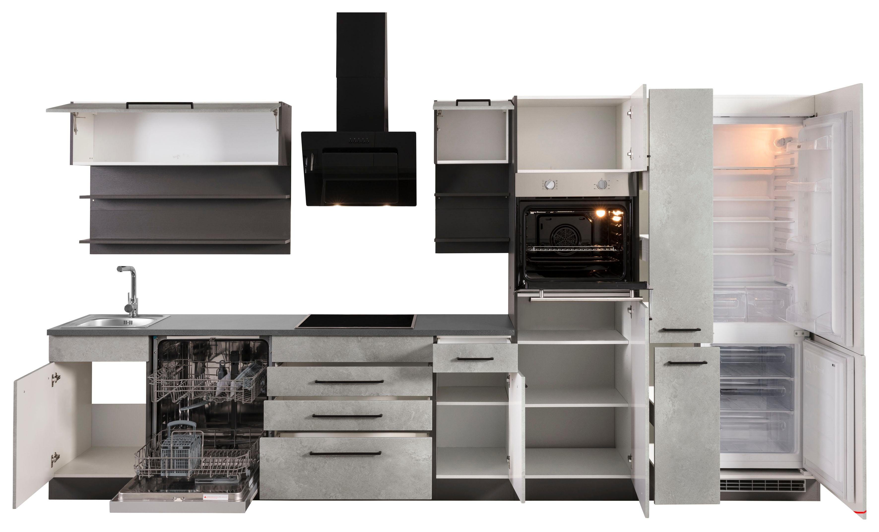HELD MÖBEL Küchenzeile Tulsa, mit E-Geräten, Breite 380 cm, schwarze Metallgriffe, MDF Fronten