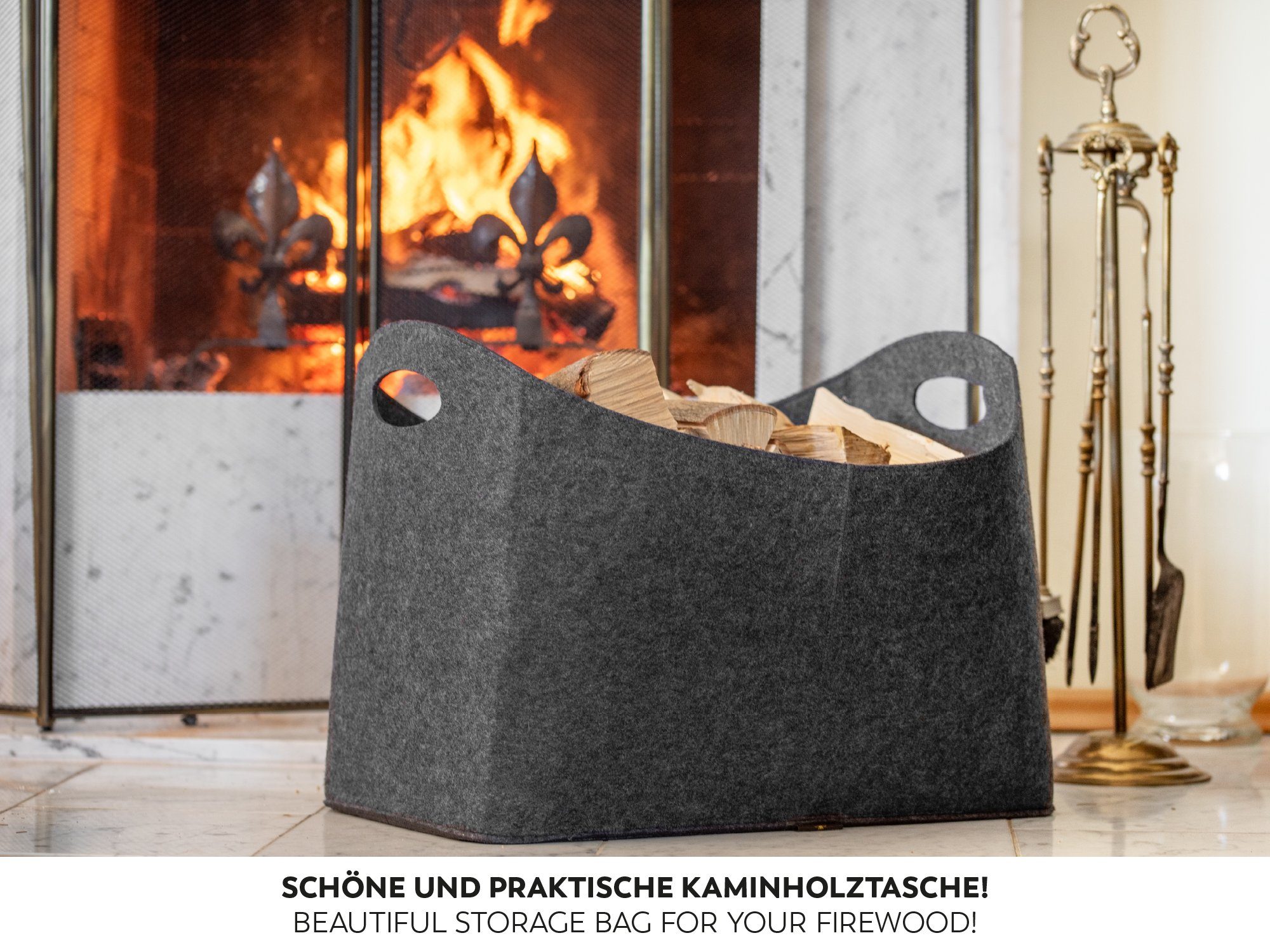 RUBBERNECK Kaminholzkorb Filztasche XL für Holz, Zeitungen, Kaminholz - Filztasche 54x30x39 cm
