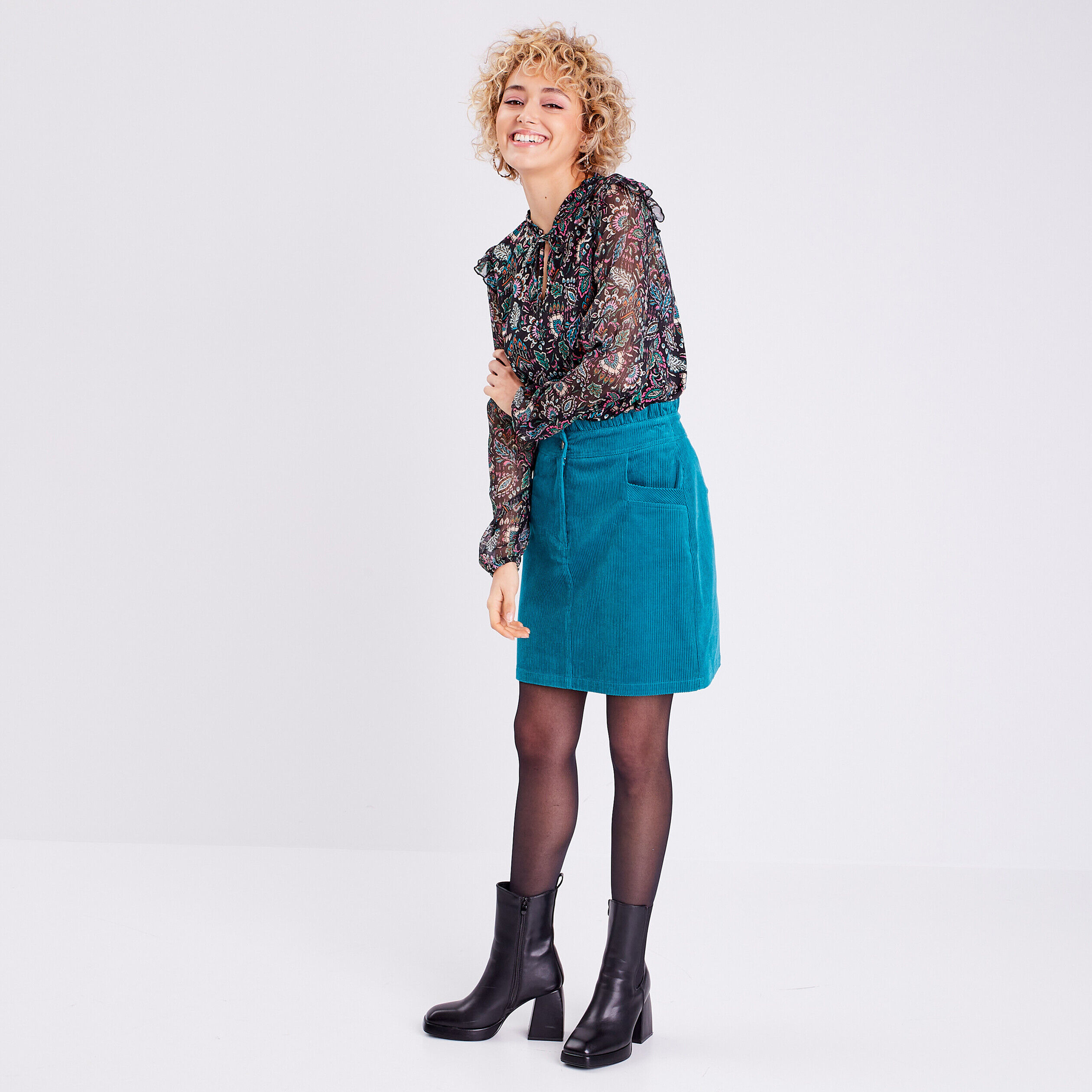 Jupe droite velours vert émeraude femme | Cache Cache