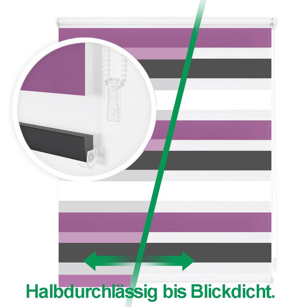 Doppelrollo Ohne Bohren, Schwarz-Weiß/Weiß-Anthrazit-Aubergine, OUBO, freihängend, verspannt, Klemmträger,klemmfix, Lichtschutz schnelle und einfache Montage mit beiliegendem