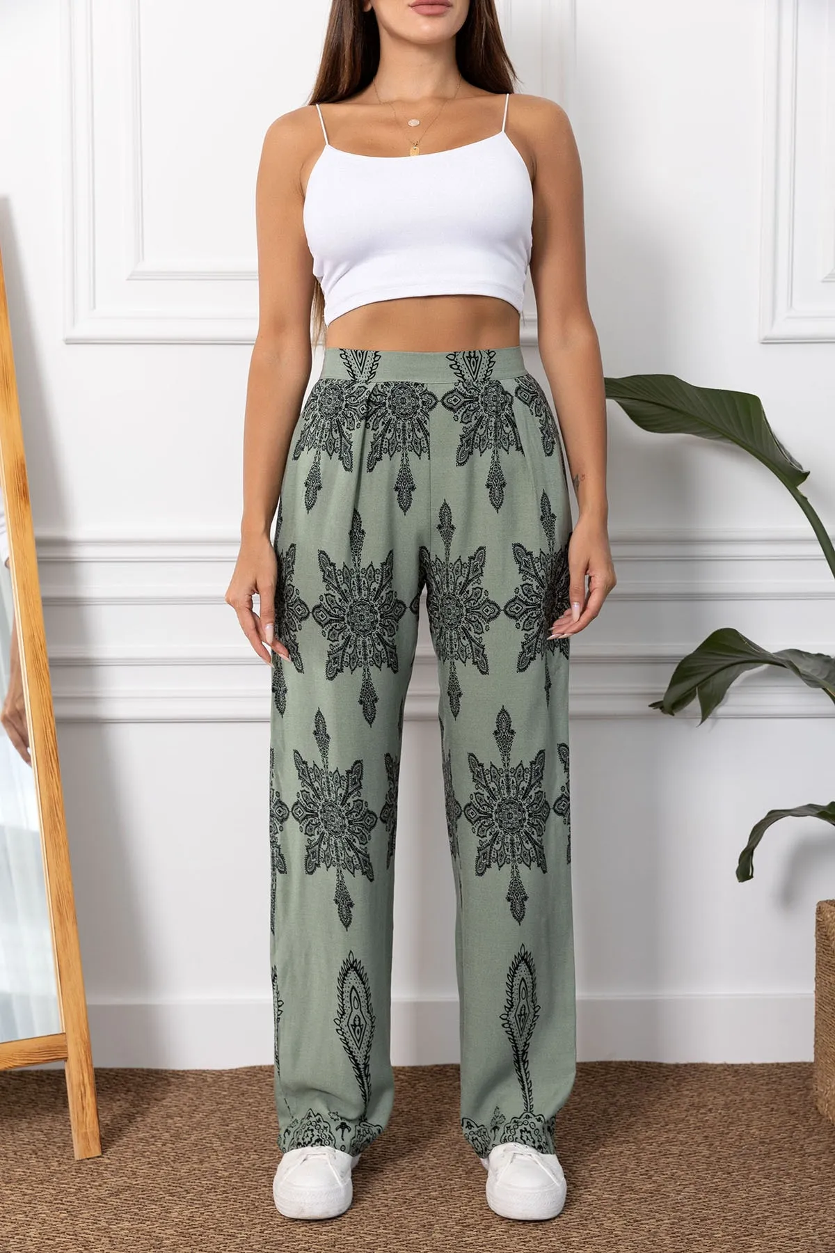 armonika  Grüne gemusterte Palazzo-Hose mit weitem Bein für Damen - Arm-23y001124