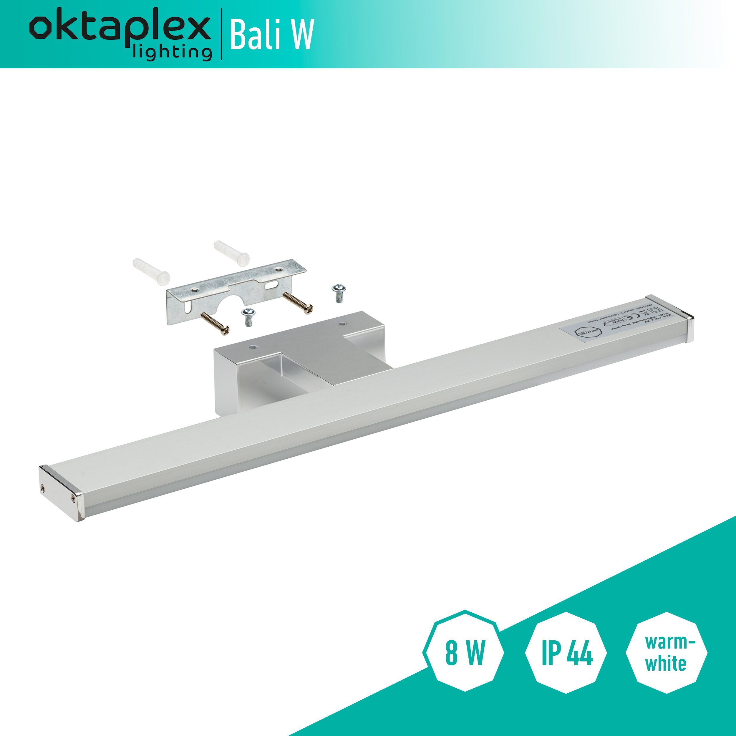 Oktaplex lighting LED Spiegelleuchte Bali 8W IP44 40cm, 640lm 8W, LED fest verbaut, warmweiß, Spiegellampe Bad / Wandlampe / LED Spiegellicht