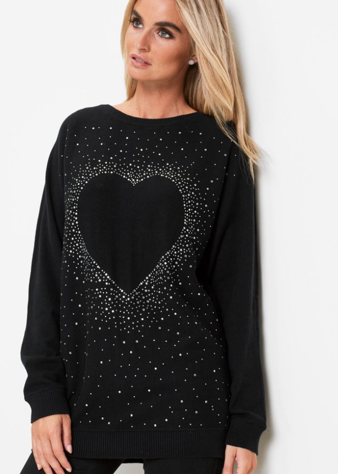Longpullover mit Herz-Dekostein-Applikation