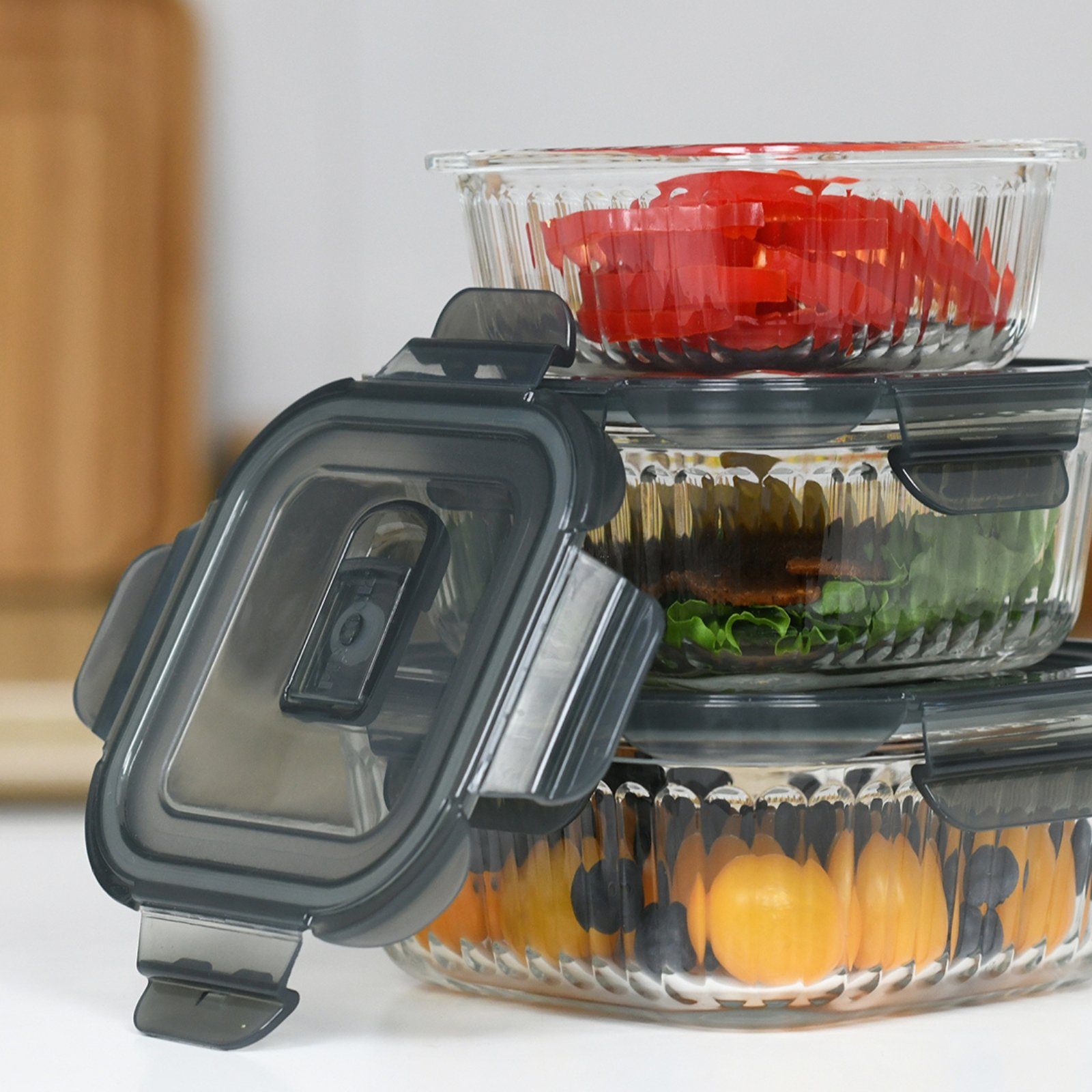 PIE LOCK Vorratsdose Vorratsdosen Glas mit Deckel - Frischhaltedosenset, Borosilikatglas, (PIE LOCK, 3 tlg. quadratisch, Vorratsdosen-Set, Borosilikatglas, Mikrowellendeckel, 320ml, 520ml, 800ml, stapelbar, Frischhaltedose, Brotdose, Meal Prep, 6-tlg