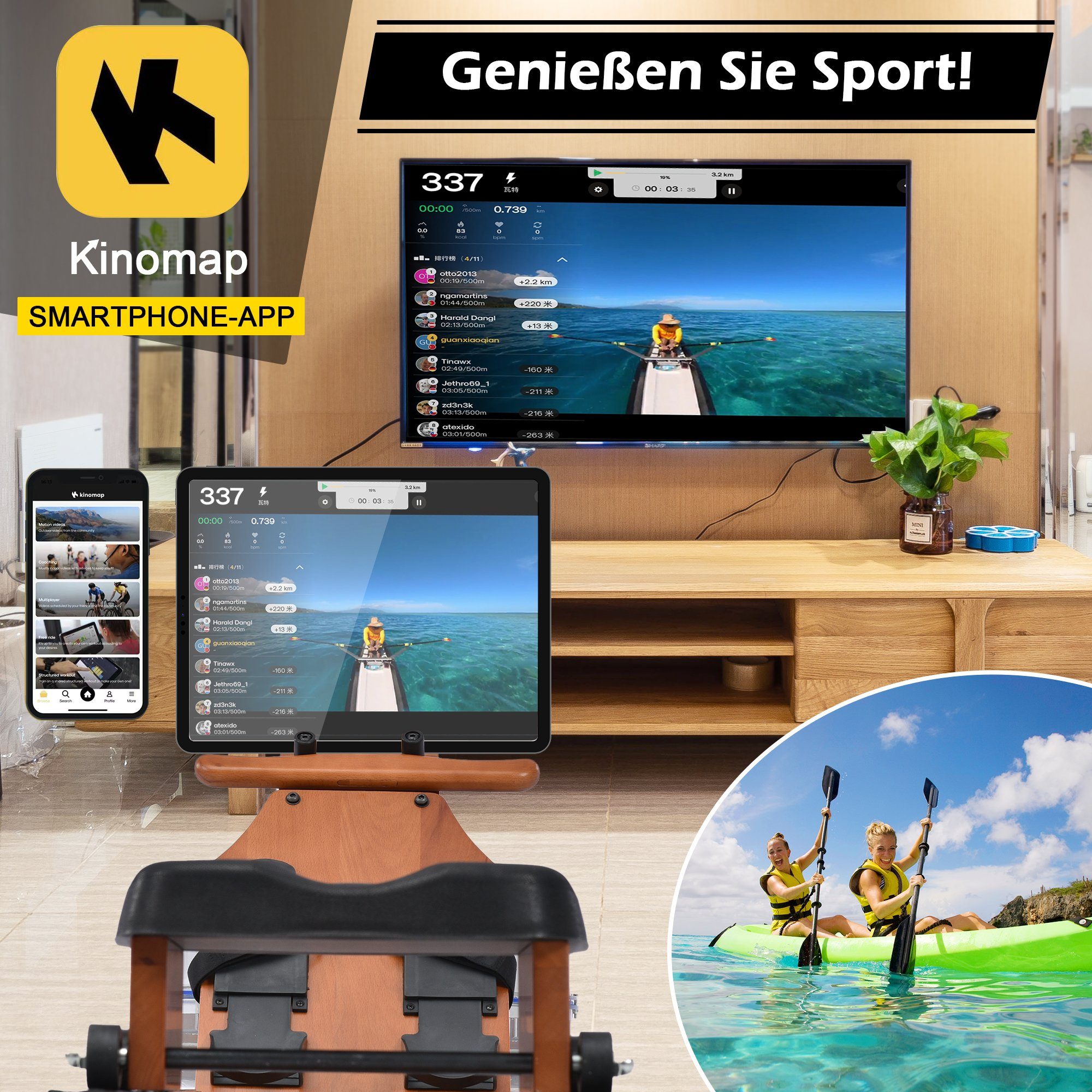Merax Rudergerät, Wasser-Rudergerät mit LCD-Display, APP, Bluetooth, aus Holz