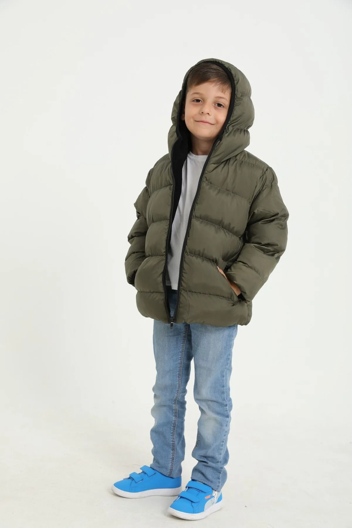freemen  Khakifarbener Fleece-Fell-Kapuzen-Wintermantel für Jungen, wasserdicht, windabweisend, mit Taschen