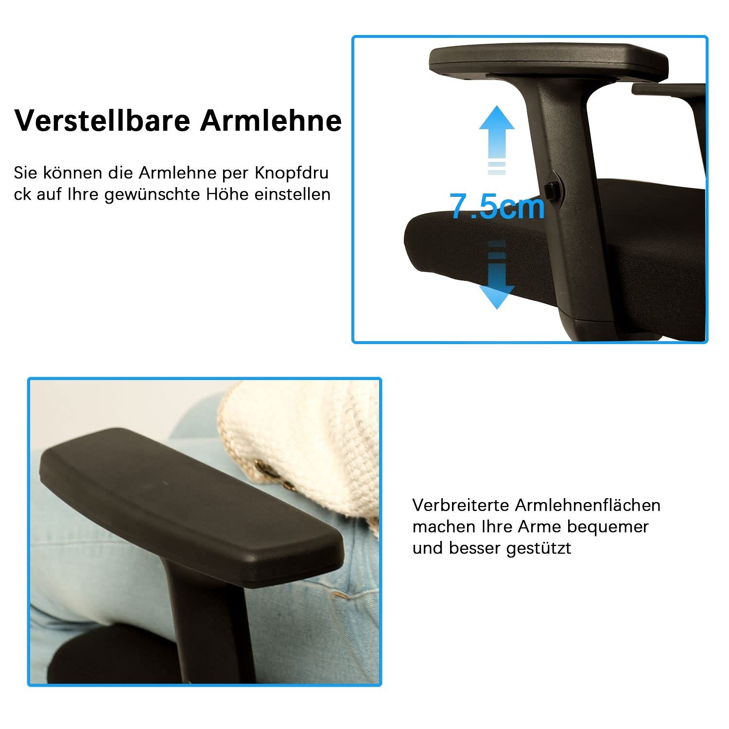 Durrafy Bürostuhl Bürostuhl Ergonomischer, Mesh Drehstuhl, Schreibtischstuhl,Chefsessel, mit Wippfunktion bis 120°, Bürostuhl 150KG