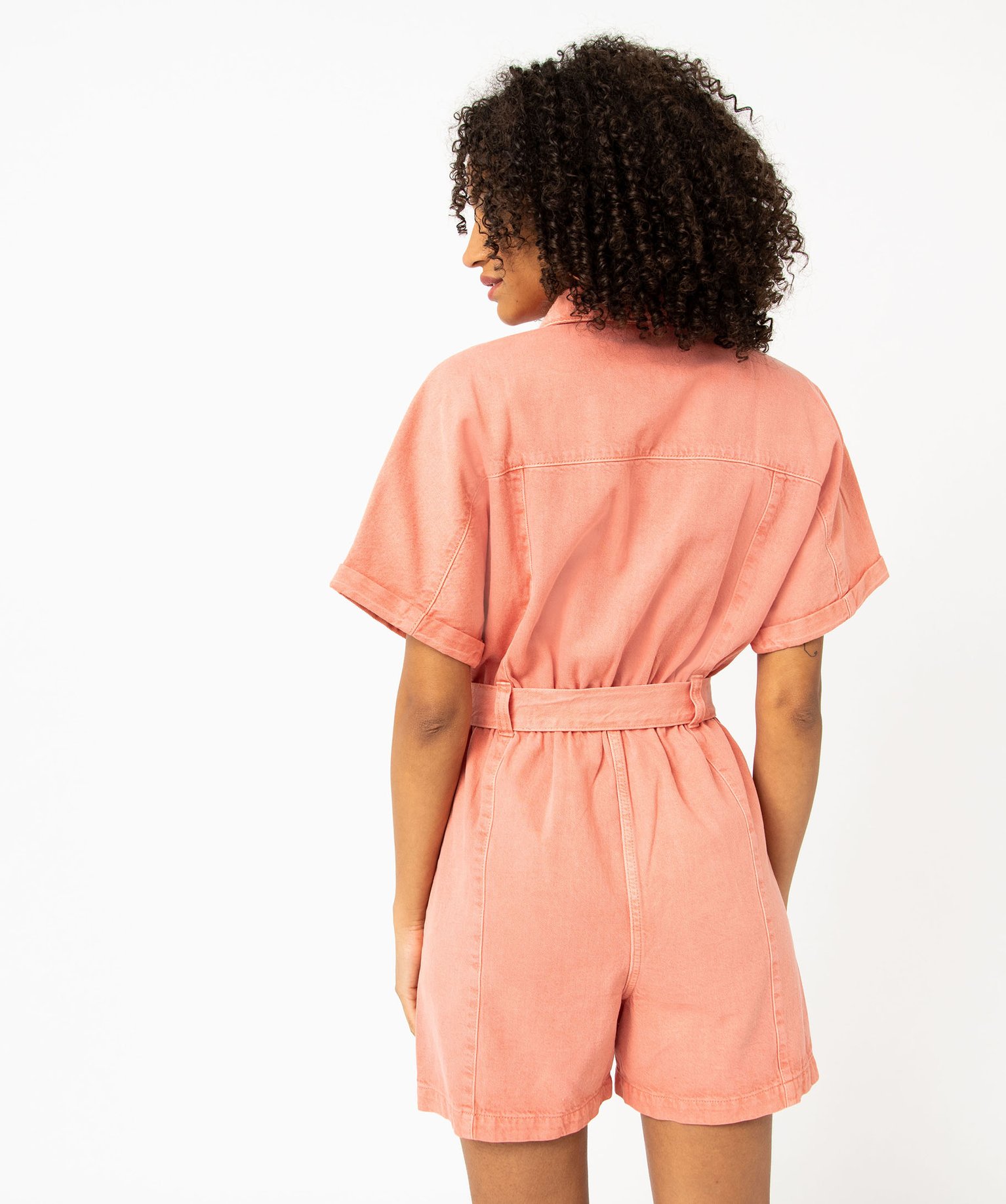 Combishort en toile denim à manches courtes femme orange | GEMO