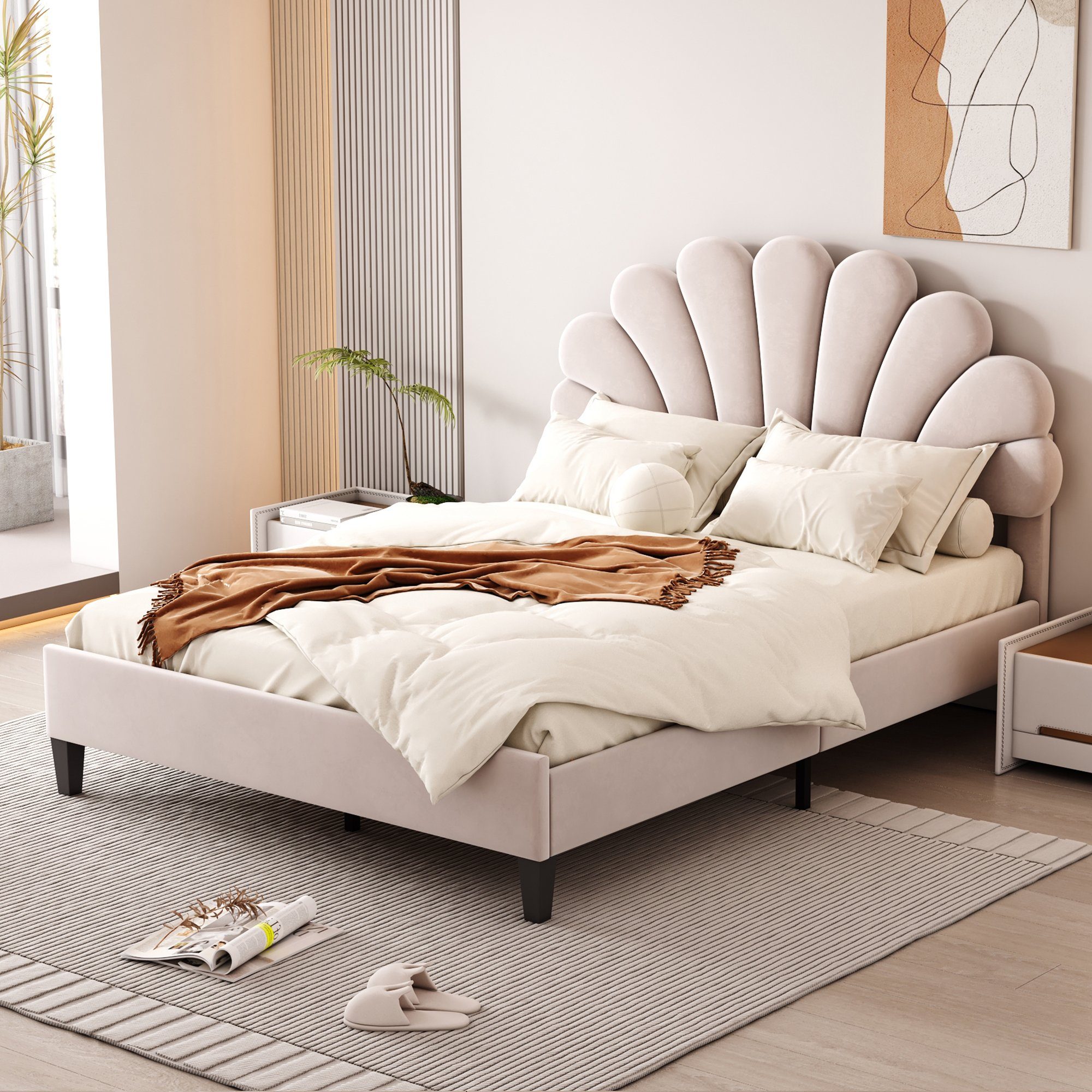 Merax Polsterbett 140x200cm mit Blumenform-Kopfteil und Lattenrost, Doppelbett mit höhenverstellbarem Kopfteil und Samtbezug, Jugendbett