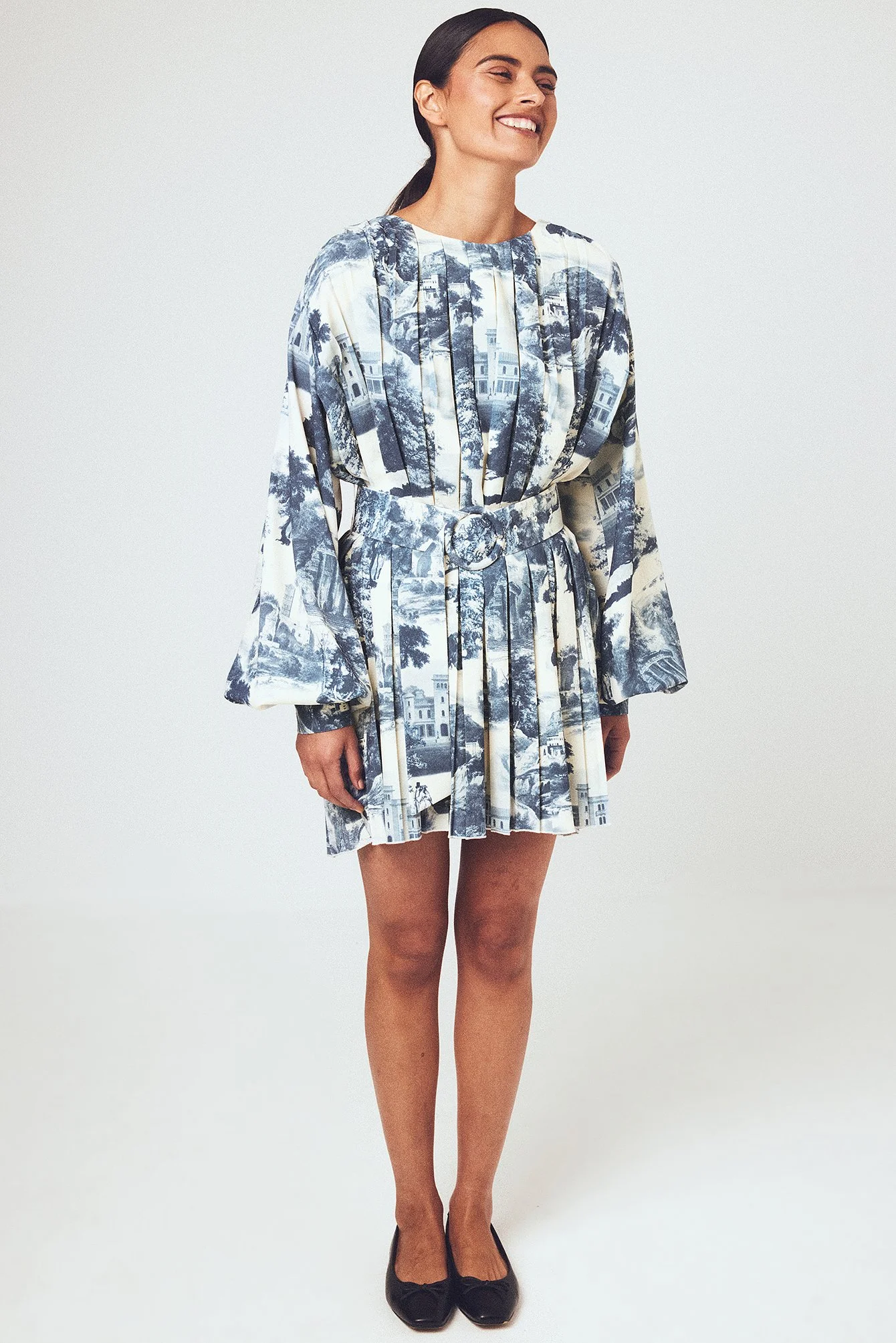 Pleated Woven Balloon Sleeve Mini Dress
