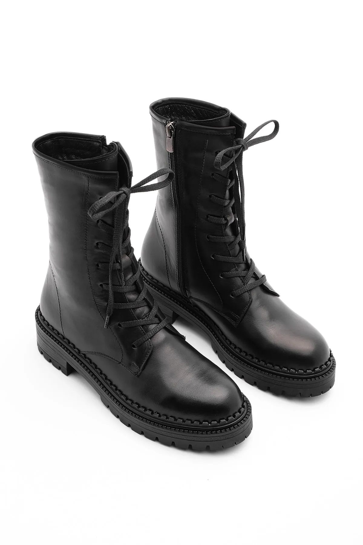 Marjin  Damen-Stiefel aus echtem Leder mit Reißverschluss, Schnürung, gezackte Sohle, Freizeitstiefel Kariva Schwarz