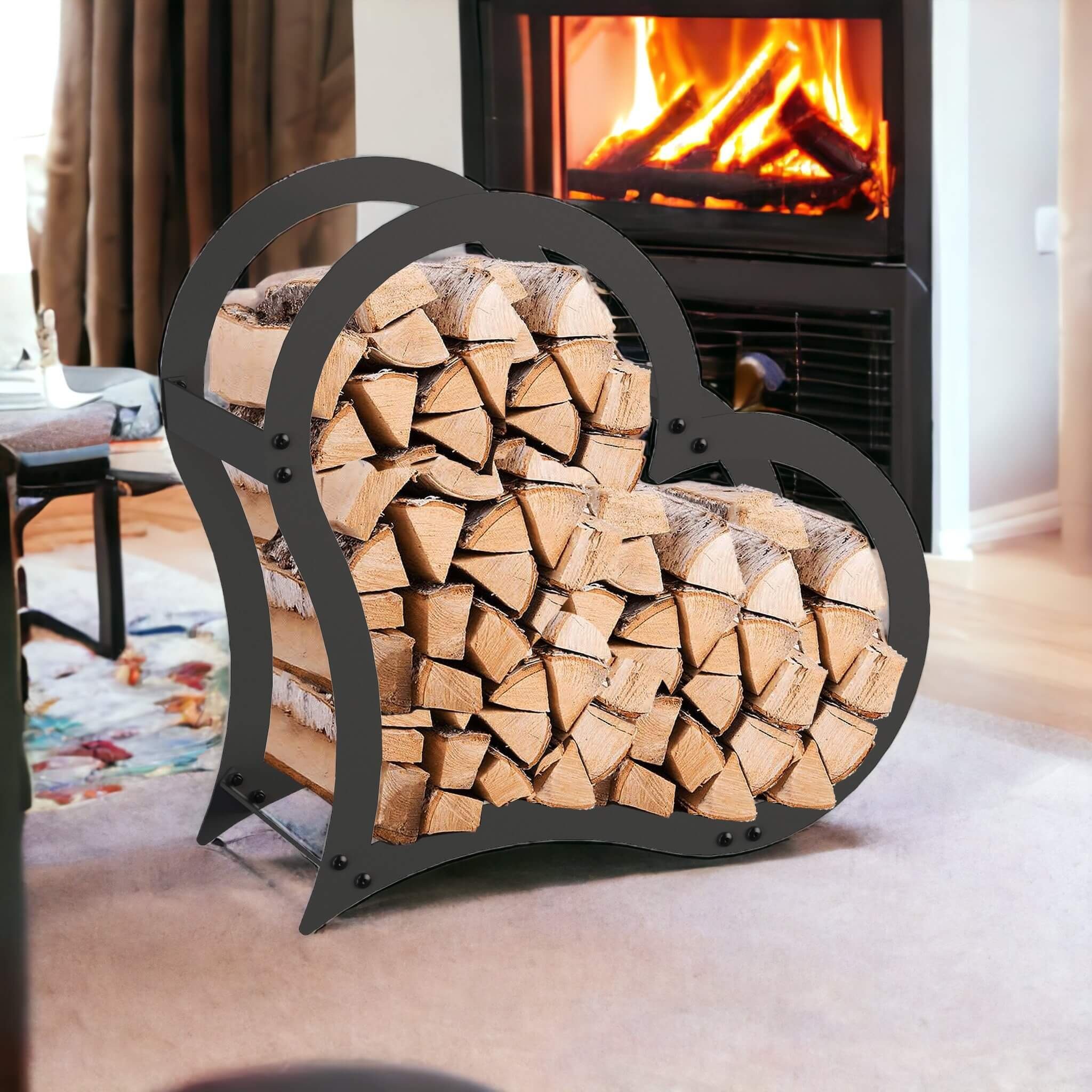 DanDiBo Kaminholzregal Kaminholzregal Metall Schwarz Stehend Herz 52 cm Kaminholzständer, Herzförmig und Freistehend