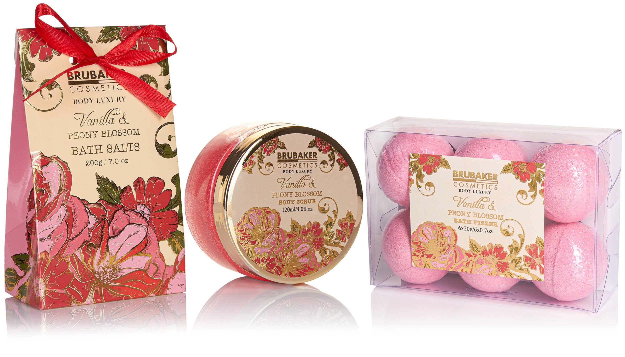 BRUBAKER Pflege-Geschenkset Dusch- und Badeset für Frauen, 13-tlg., Geschenkset in dekorativem Korb, Pfingstrosen Blüten Duft