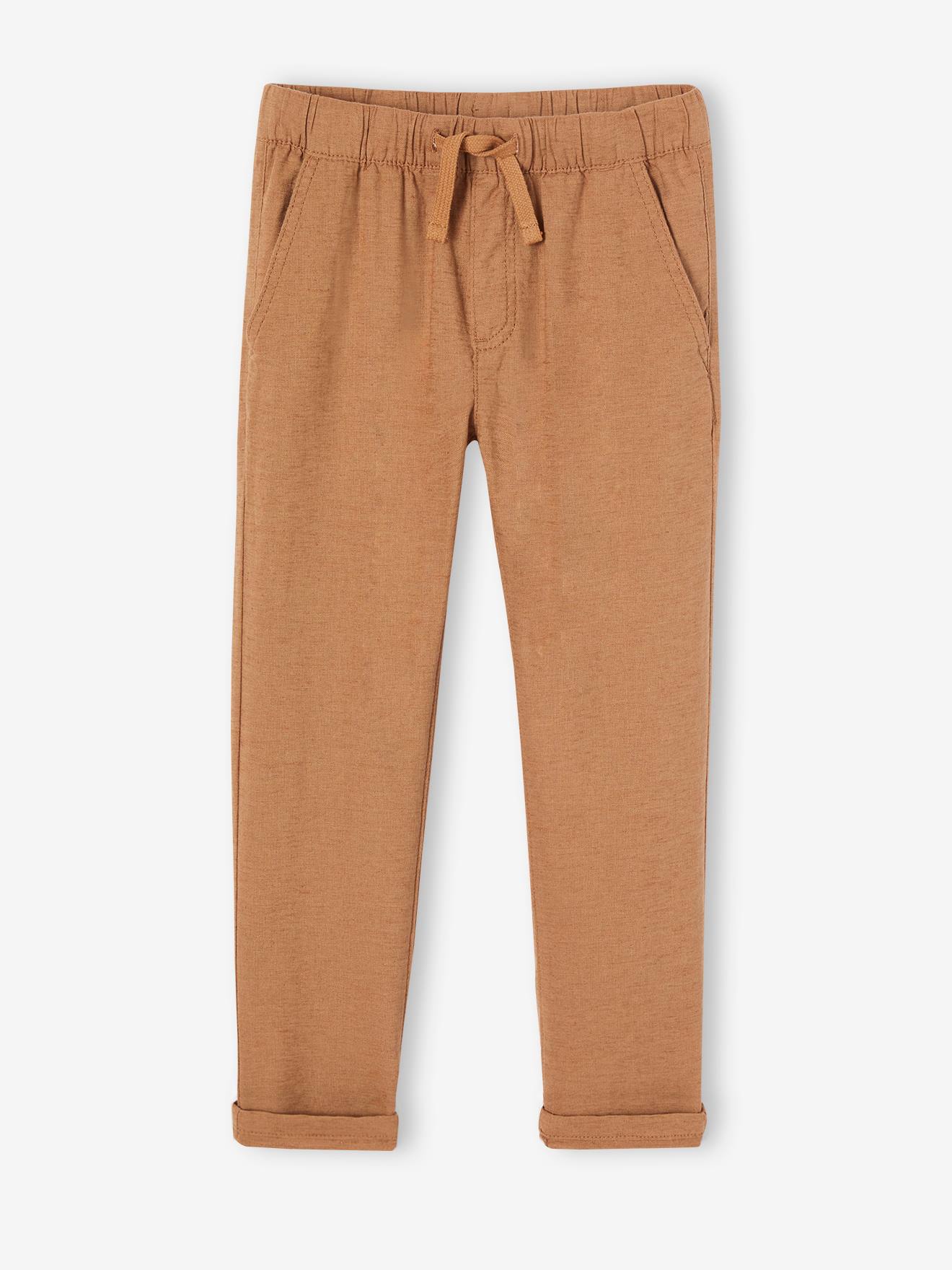 Pantalon léger garçon en coton/lin noisette