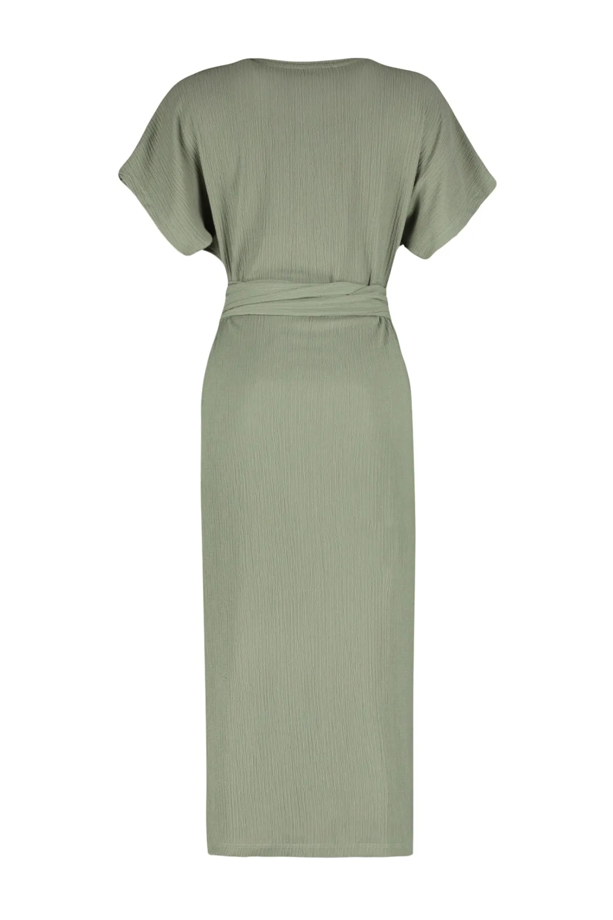 Trendyol Collection  Khakifarbenes Wickel-/strukturiertes Midi-Strickkleid mit Rundhalsausschnitt, Gürtel TWOSS23EL00709