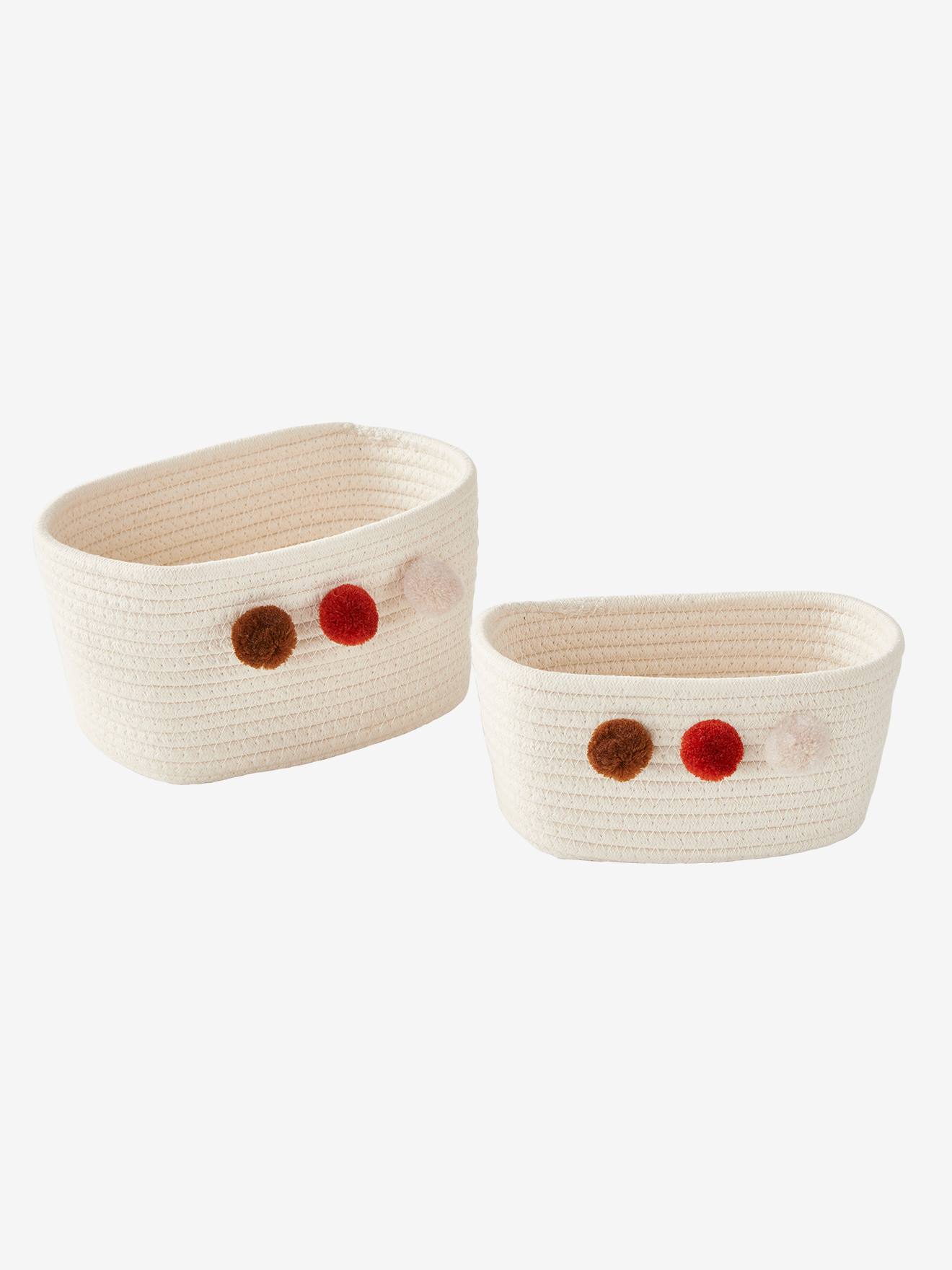 Lot de 2 paniers en corde à pompons beige