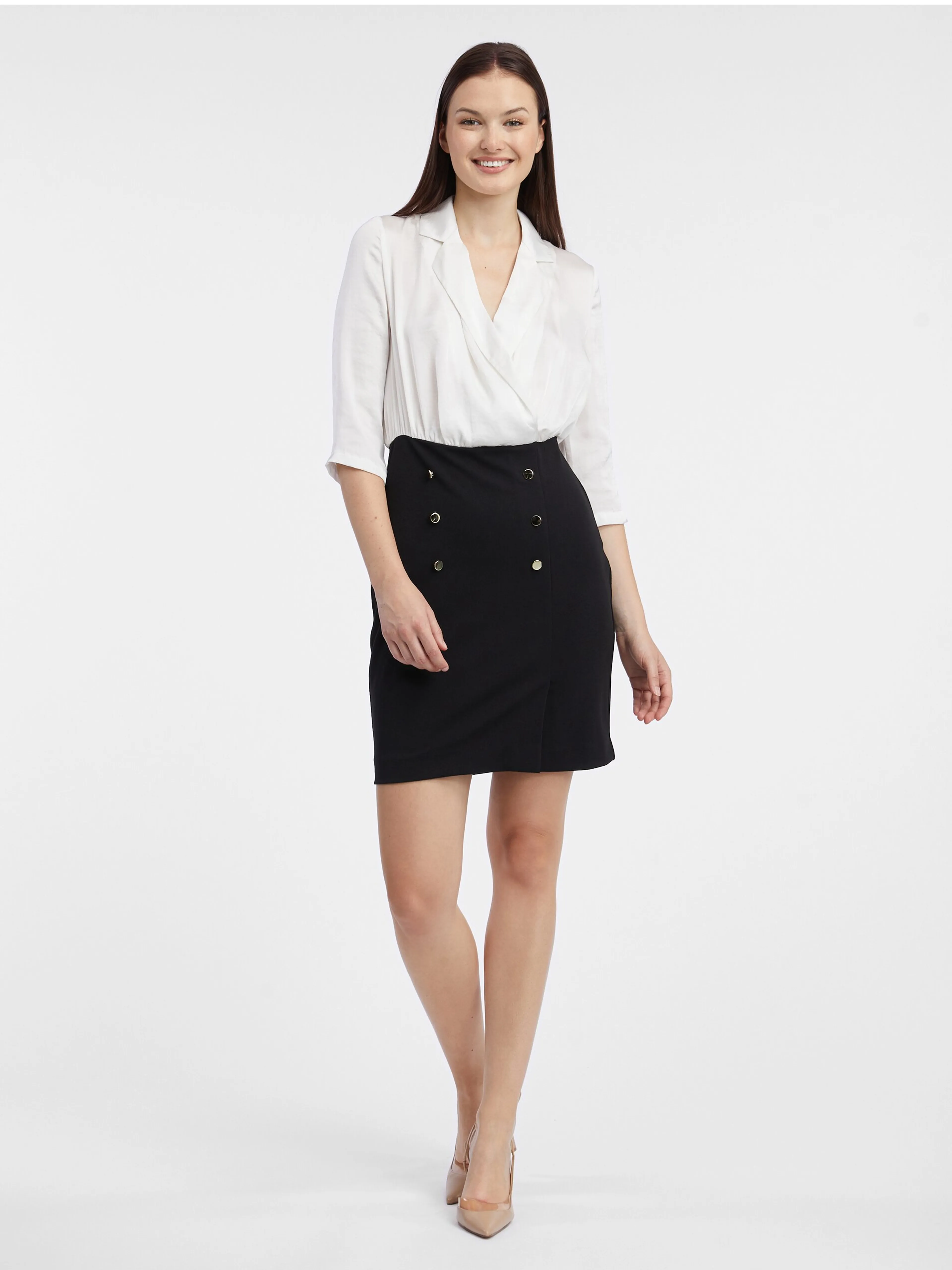 Cremefarbenes und schwarzes Damen-Ärmelkleid ORSAY