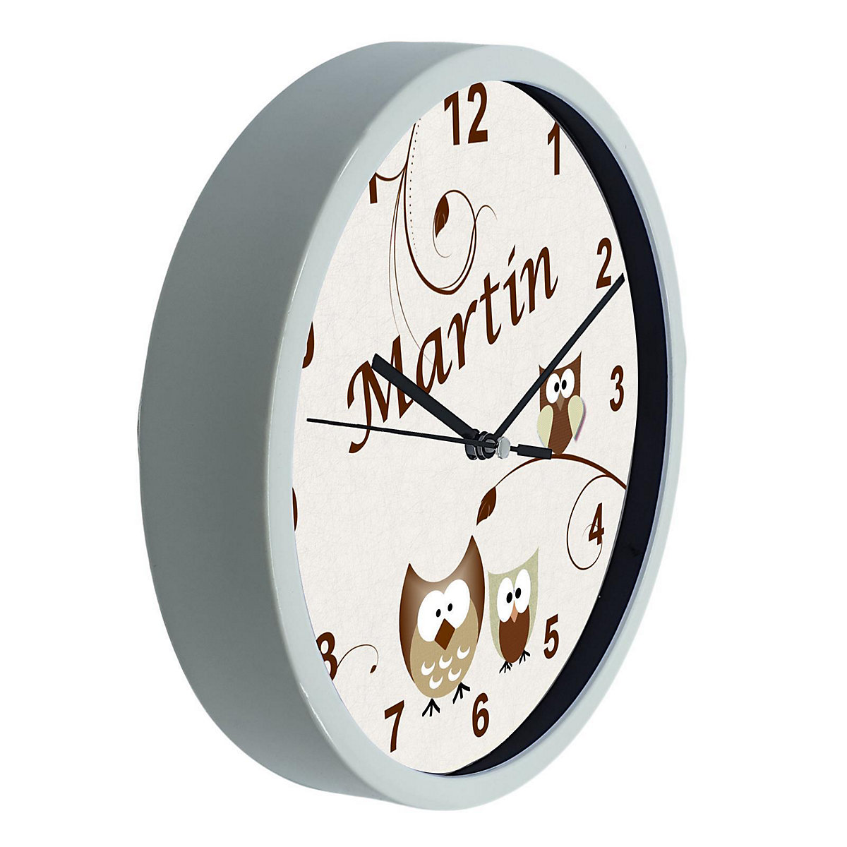 Kinder Wanduhr personalisiert mit Name Eule Beige