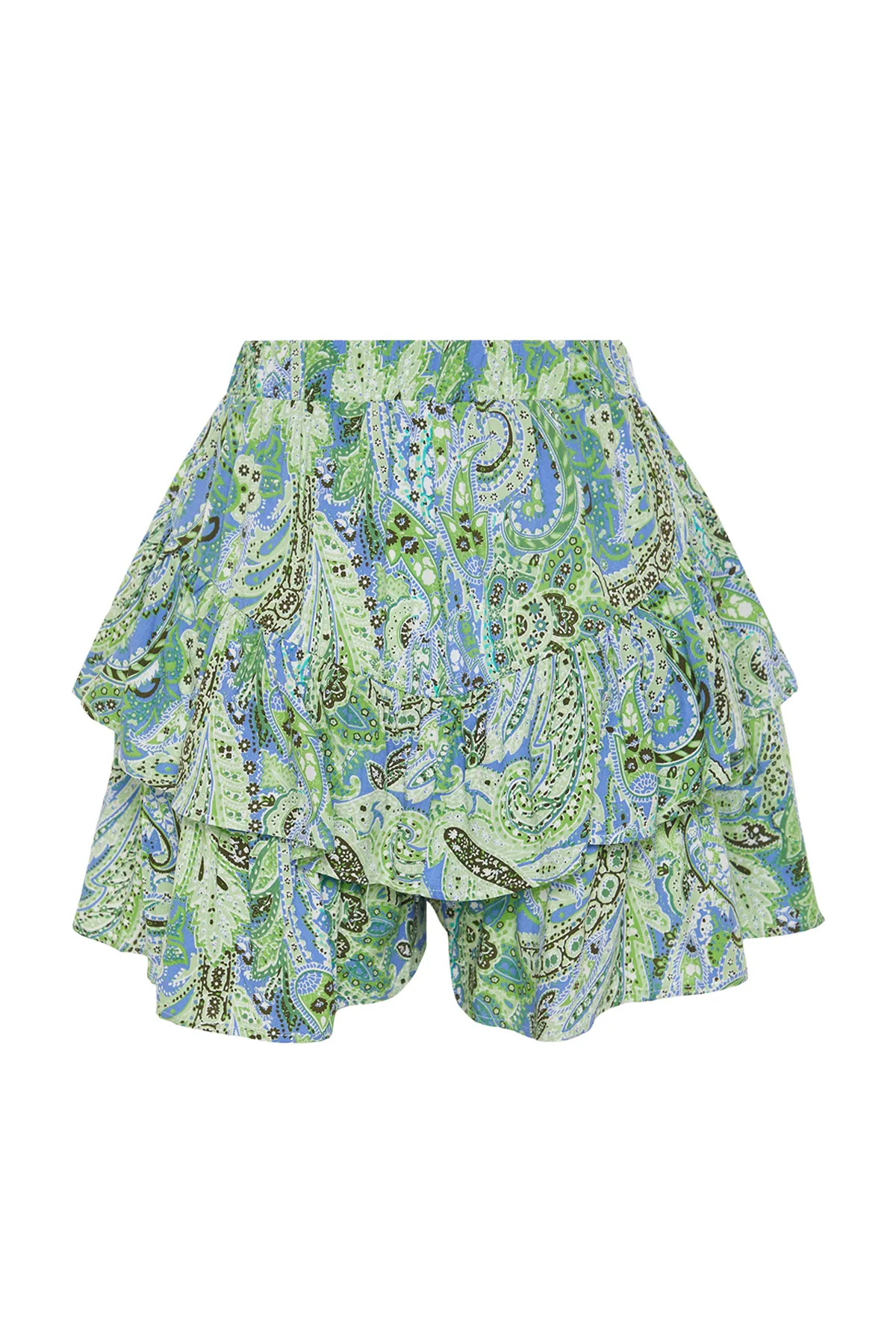 Trendyol Collection  Grüne Shorts aus Viskosegewebe mit Schalmuster, Rüschenbund und Gummidetails TWOSS24SR00053