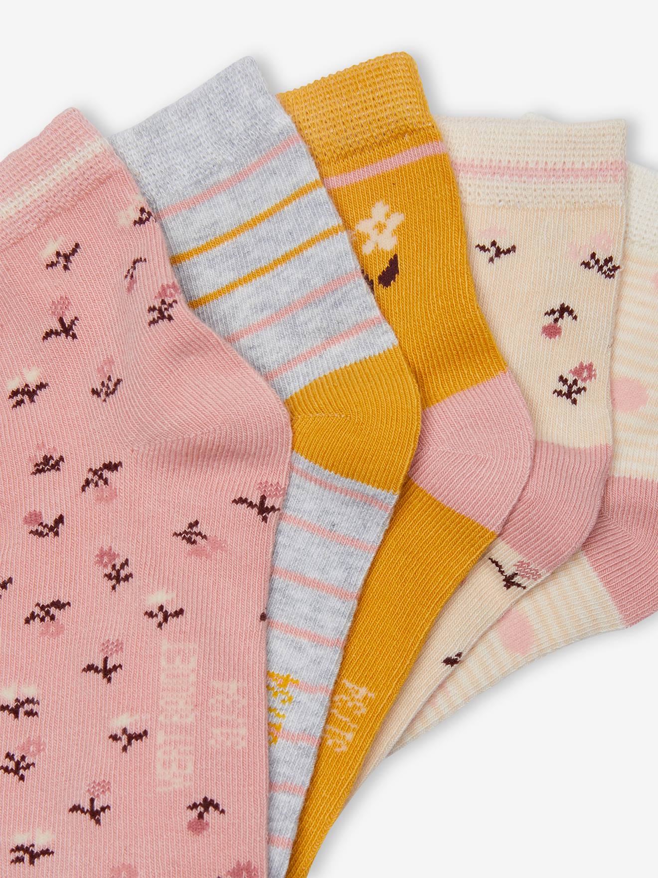 Lot de 5 paires de mi-chaussettes fleurs fille vieux rose