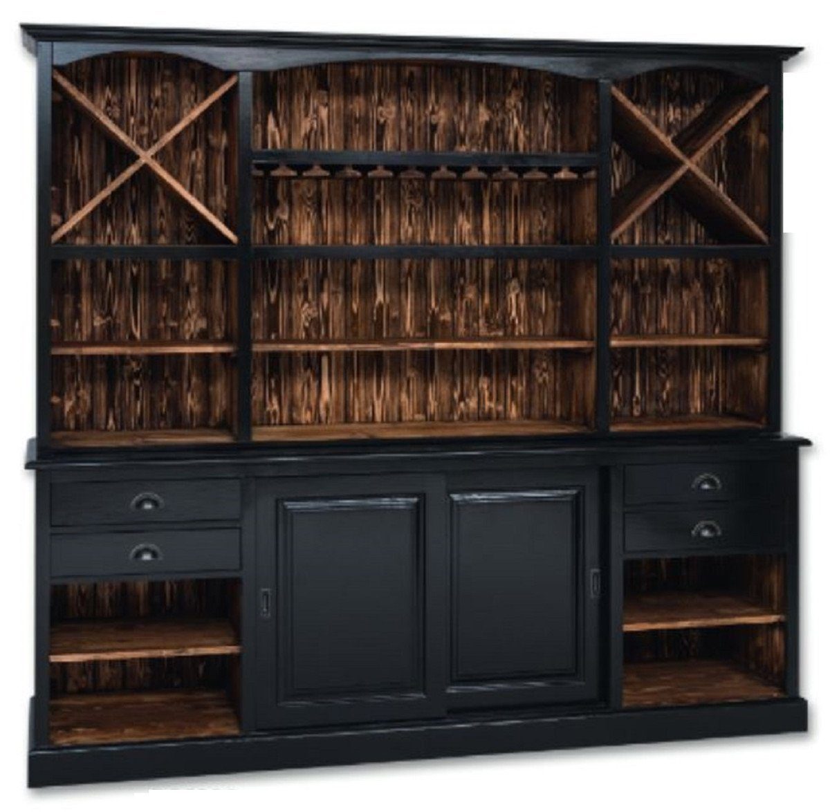 Casa Padrino Barschrank Landhausstil Barschrank Schwarz / Dunkelbraun 240 x 50 x H. 210 cm - Massivholz Weinschrank im Landhausstil - Landhausstil Bar Möbel