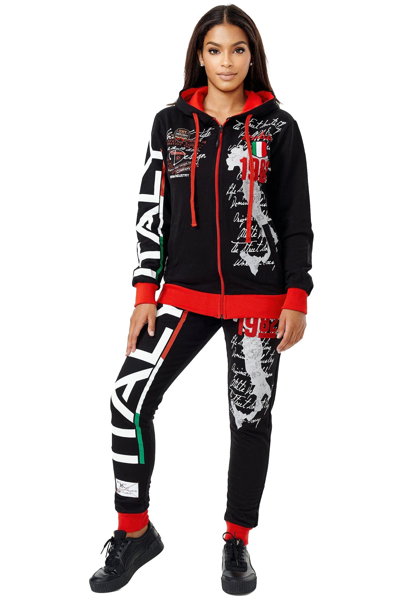 L.gonline Freizeitanzug Damen Jogginganzug, Hose und Kapuzenjacke, 100% Baumwolle, Italy (Kapuzenjacke mit Reißverschluss, Hose, 2-tlg), Fitness Freizeit Casual