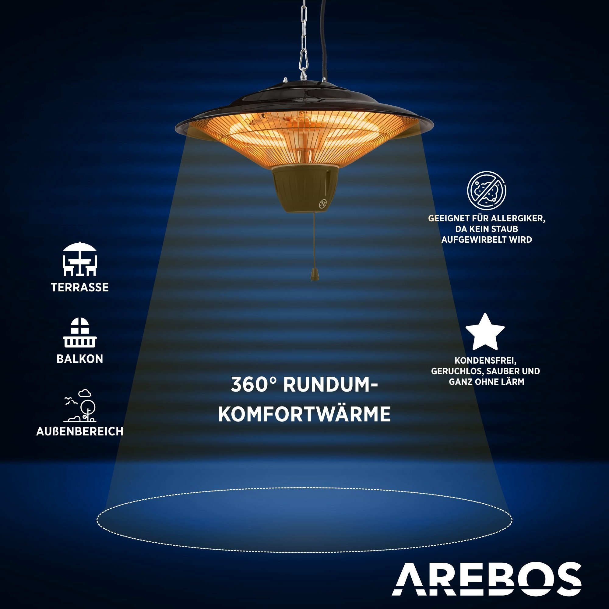 Arebos Heizstrahler 1500 W Deckenheizstrahler, Schwarz mit Zugschalter
