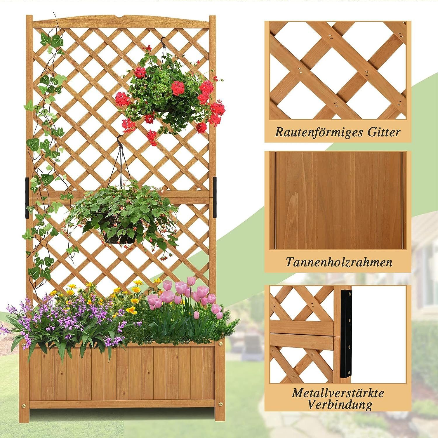KOMFOTTEU Blumenkasten Hochbeet, mit Rankgitter, 90x44,5x180,5 cm