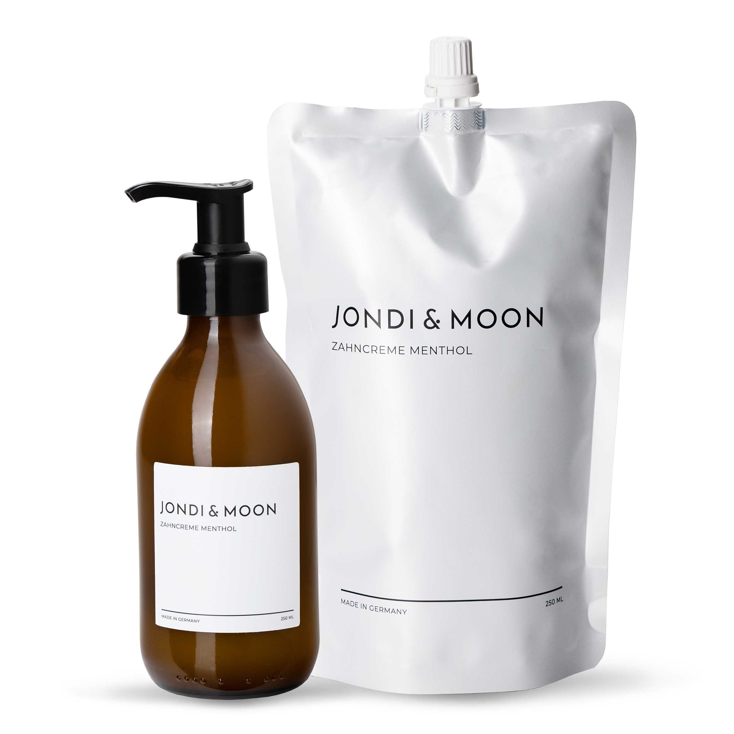 JONDI&MOON Zahnpasta Zahncreme Menthol 250ml, Nachfüllbare Zahncreme mit Fluorid, (ohne Parabene, PEG's oder Triclosane, kein Mikroplastik) Die erste nachfüllbare Zahn-Creme im recycelten Glasspender - Refill