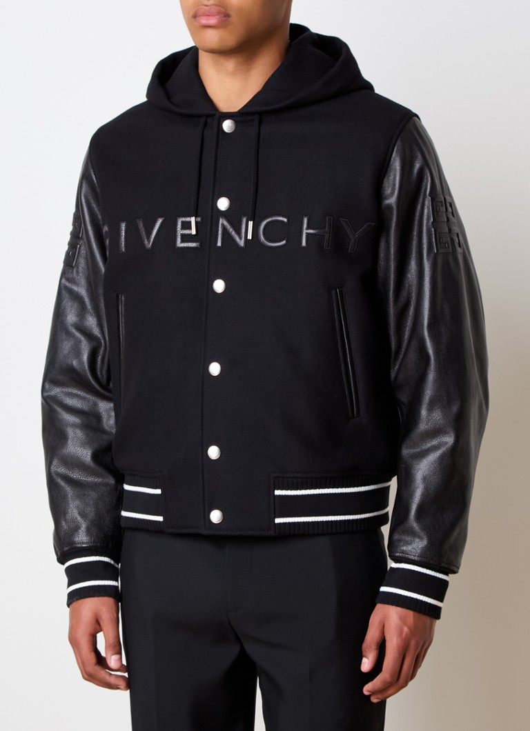 Τζάκετ μπέιζμπολ Givenchy από μείγμα μαλλιού shearling με λεπτομέρειες από δέρμα μοσχαριού και κουκούλα