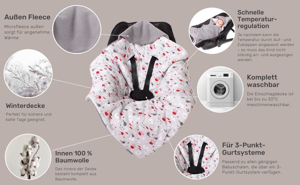 Einschlagdecke Fußsack für die Babyschale Babyschalenfußsack Winter, HOBEA-Germany, für 3 Punkt Babyschale geeignet