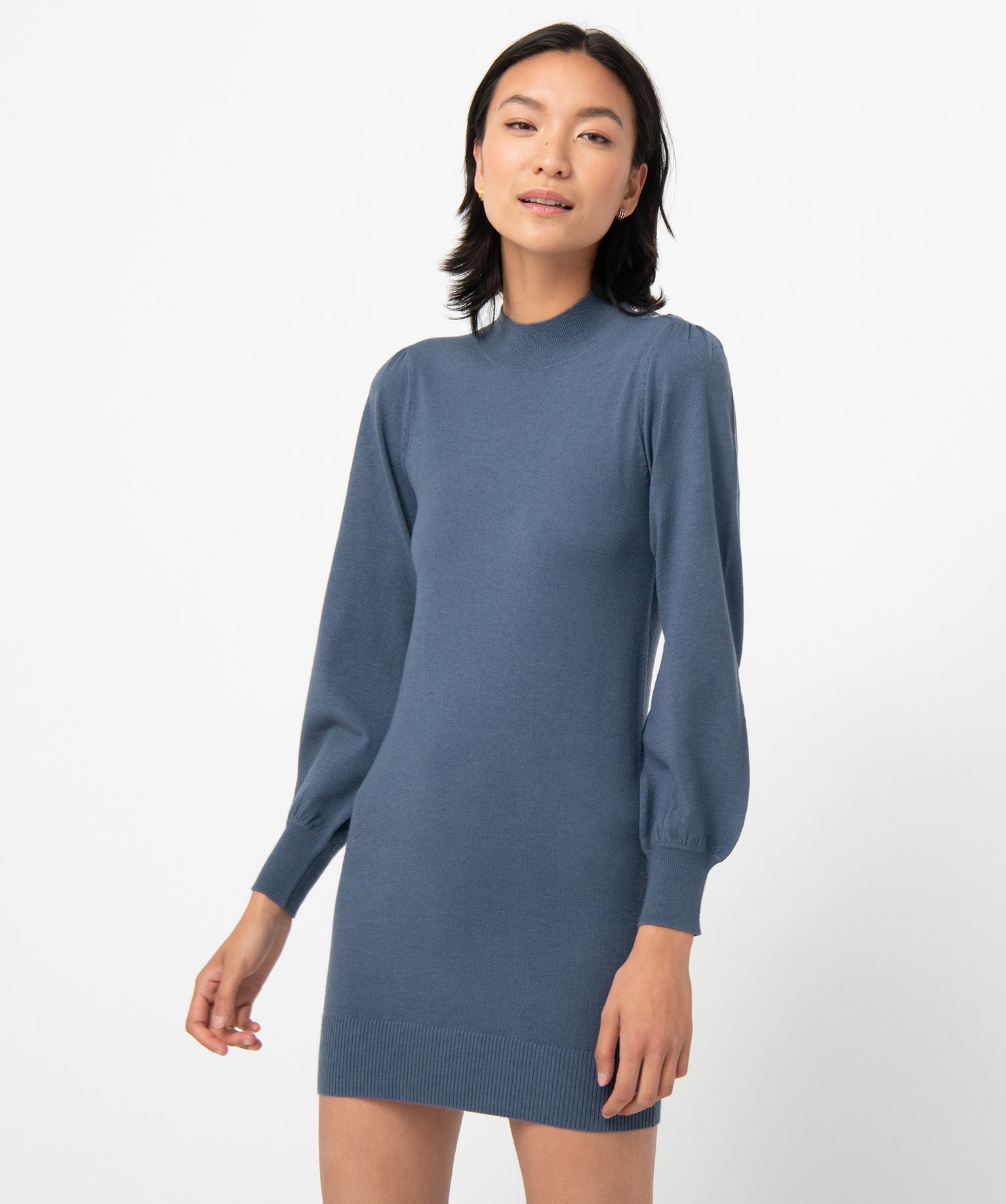 Robe pull femme en maille à manches longues et col montant bleu | GEMO