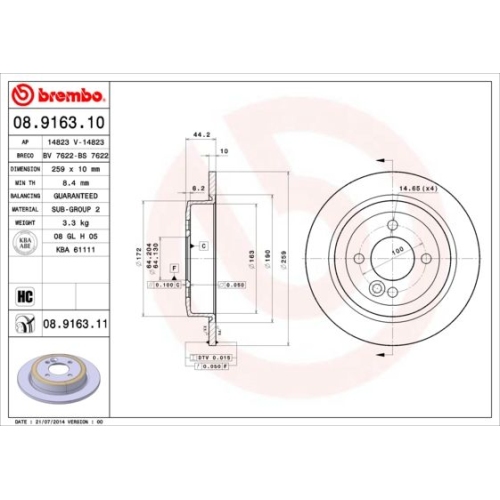 Bremsscheibe Brembo  Hinterachse 2 Stück 08.9163.11 - ATU