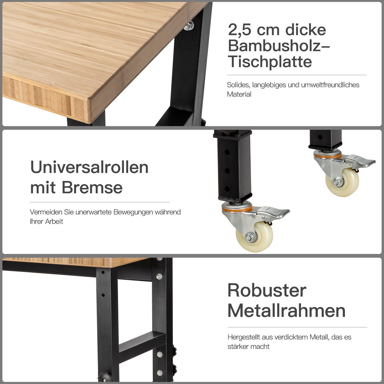 COSTWAY Werkbank, Höhenverstellbar, mit Rollen & Arbeitsfläche, 120cm