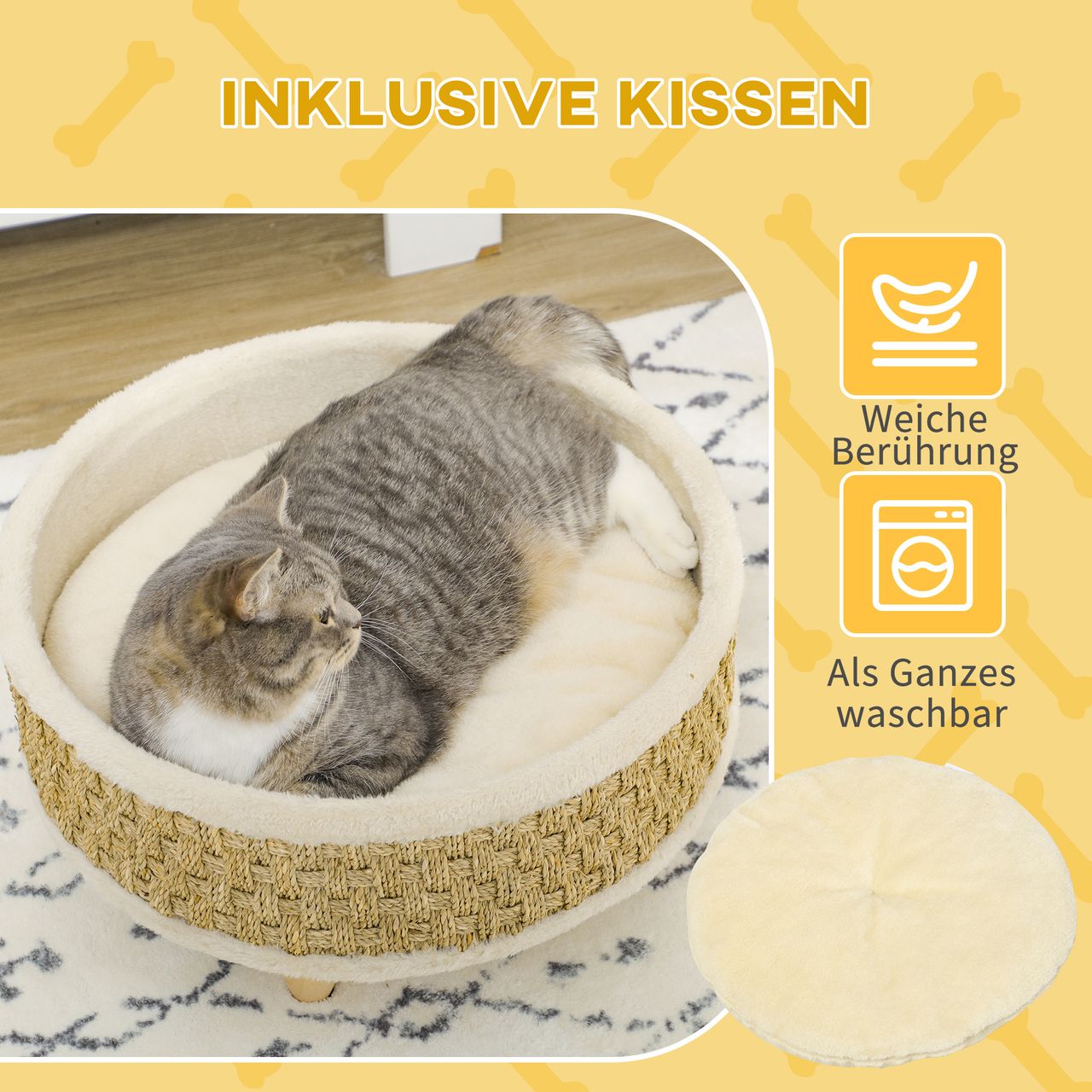PawHut Hundebett, Erhöhtes Hundeliege mit Kissen, Katzenbett, Haustierbett, Rund