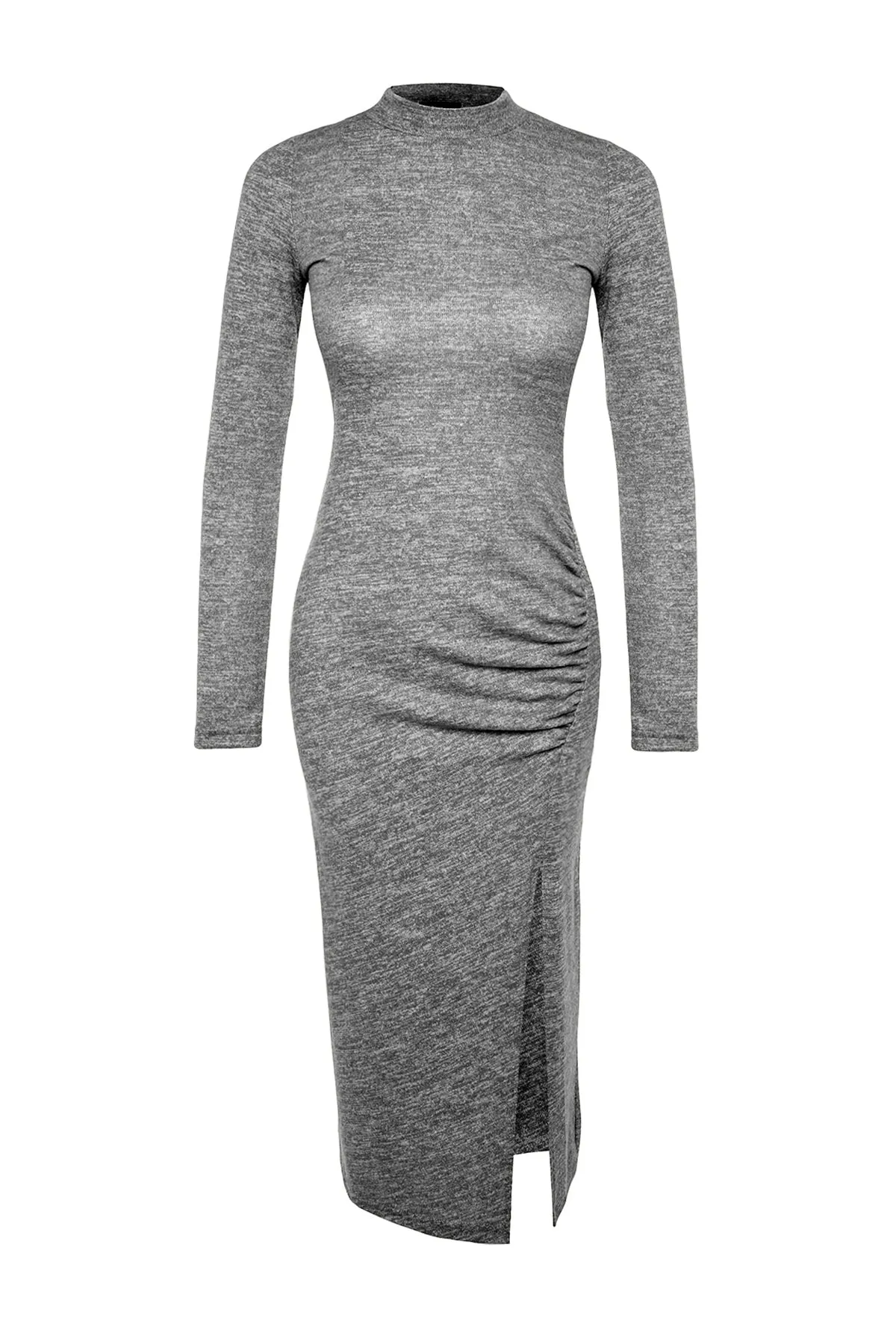 Trendyol Collection  Anthrazitfarbenes, weiches, figurbetontes Strickkleid in Midi-Länge mit Rundhalsausschnitt, Schlitz und Raffung TWOAW24EL00246